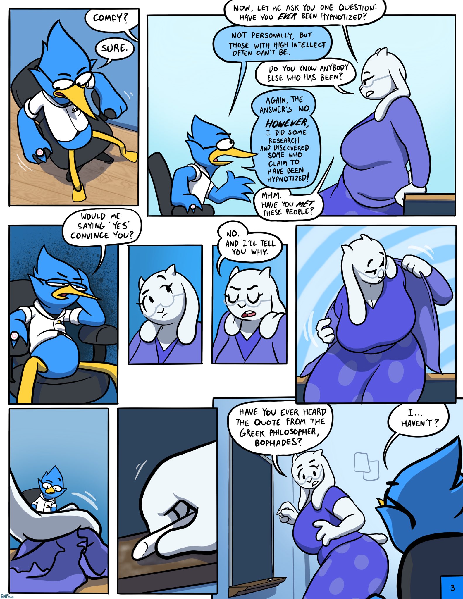 1boy, 1girls, 2d, anthro, berdly, breasts, chalkboard, clothed, color, comic, deltarune, dialogue, dress, english, english dialogue, english text, female, furry, glasses, goat, hypnosis, large breasts, looking at another, male, milf, stripping, student, tail, talking, teacher, text, theenfman, toriel, unaware exhibitionist, undertale, undertale (series), undressing