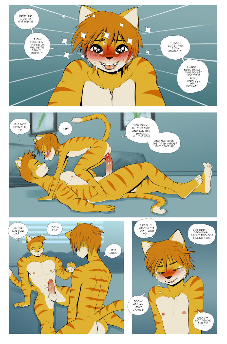 age difference, anthro, brother, brothers, comic, cub, dialogue, eldiman, erection, male, male/male, non-human, precum, size difference, text