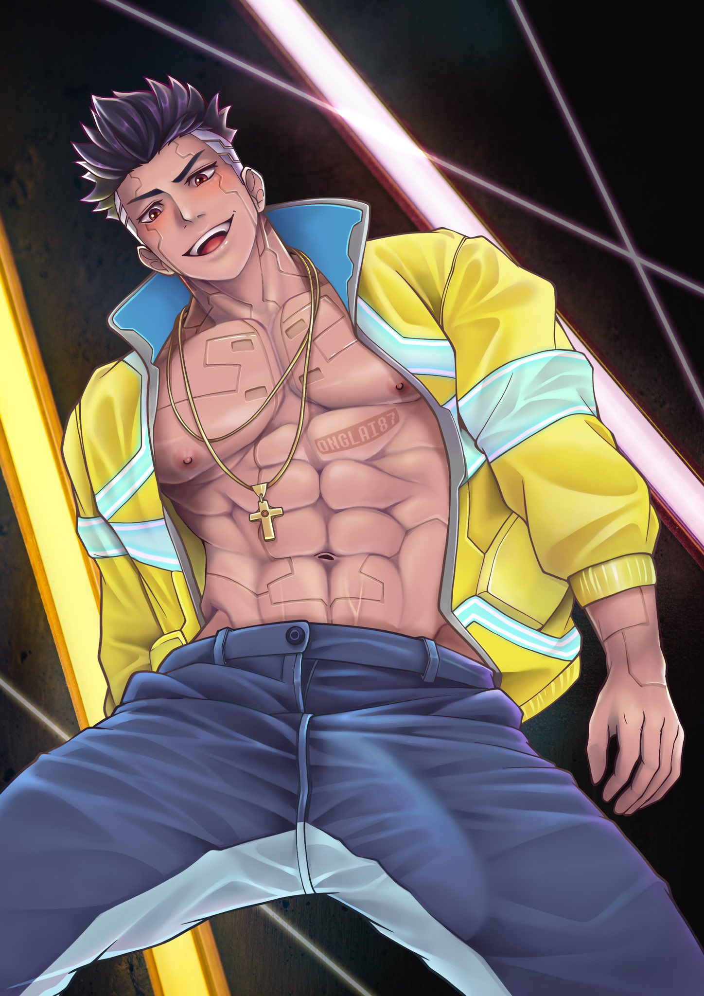 1boy, abs, bara, bulge, bulge down leg, bulge through clothing, cd projekt red, cyberpunk: edgerunners, david martinez (edgerunners), erect nipples under clothes, erection, looking at viewer, looking down, looking down at viewer, low-angle view, male, male only, muscular, muscular male, netflix, onglai87, penis, shirt open, smile, smiling, smiling at viewer, solo, studio trigger, yaoi