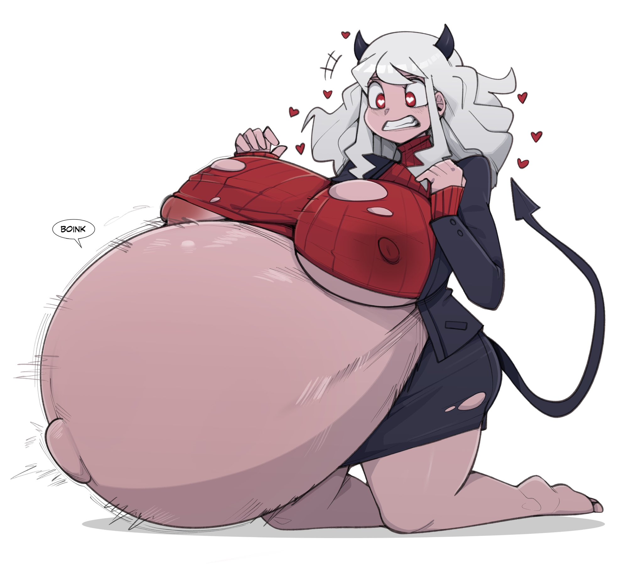 1girls, areolae, breasts, female, female only, heart-shaped pupils, helltaker, huge belly, huge breasts, hyper belly, hyper pregnancy, modeus (helltaker), nipples, outie navel, pregnant, ready to pop, zeruxu