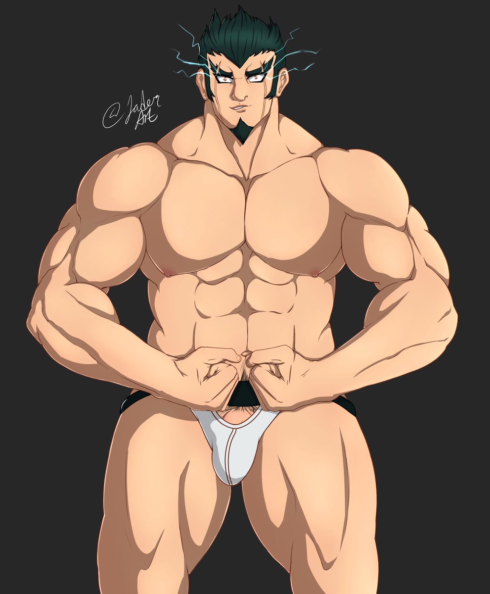 balls bara bulge danganronpa facial_hair flexing goatee jaderarts male male_only muscles muscular nidai_nekomaru penis scar_across_eye scars solo solo_male super_danganronpa_2 underwear underwear_only