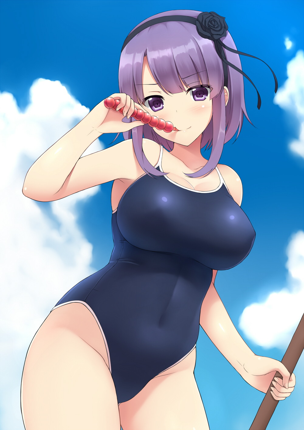 1girls big_breasts blue_sky blush breasts busty candy child_bearing_hips cleavage cloud competition_school_swimsuit covered_erect_nipples covered_navel dagashi_kashi day female female_focus female_only flower hair_flower hair_ornament highleg highleg_swimsuit highres large_breasts looking_at_viewer mizunashi_kenichi one-piece_swimsuit purple_eyes purple_hair school_swimsuit shidare_hotaru sky smile solo swimsuit voluptuous