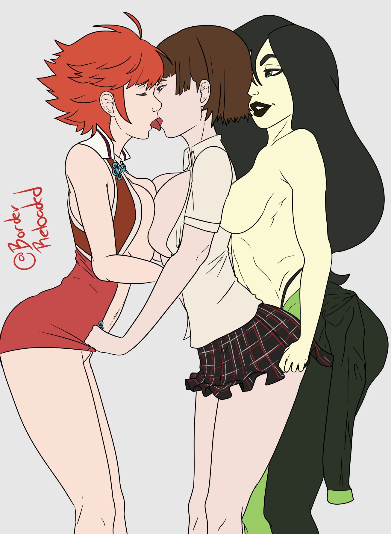 3girls, atlus, big breasts, borderreloaded, breasts, covered nipples, crossover, disney, disney channel, eastern and western character, female, female only, fire emblem, fire emblem fates, french kiss, hinoka (fire emblem), huge breasts, kim possible, kissing, large breasts, makoto niijima, multiple females, multiple girls, nintendo, open shirt, persona, persona 5, shego, skirt, threesome, topless, undressing, yuri