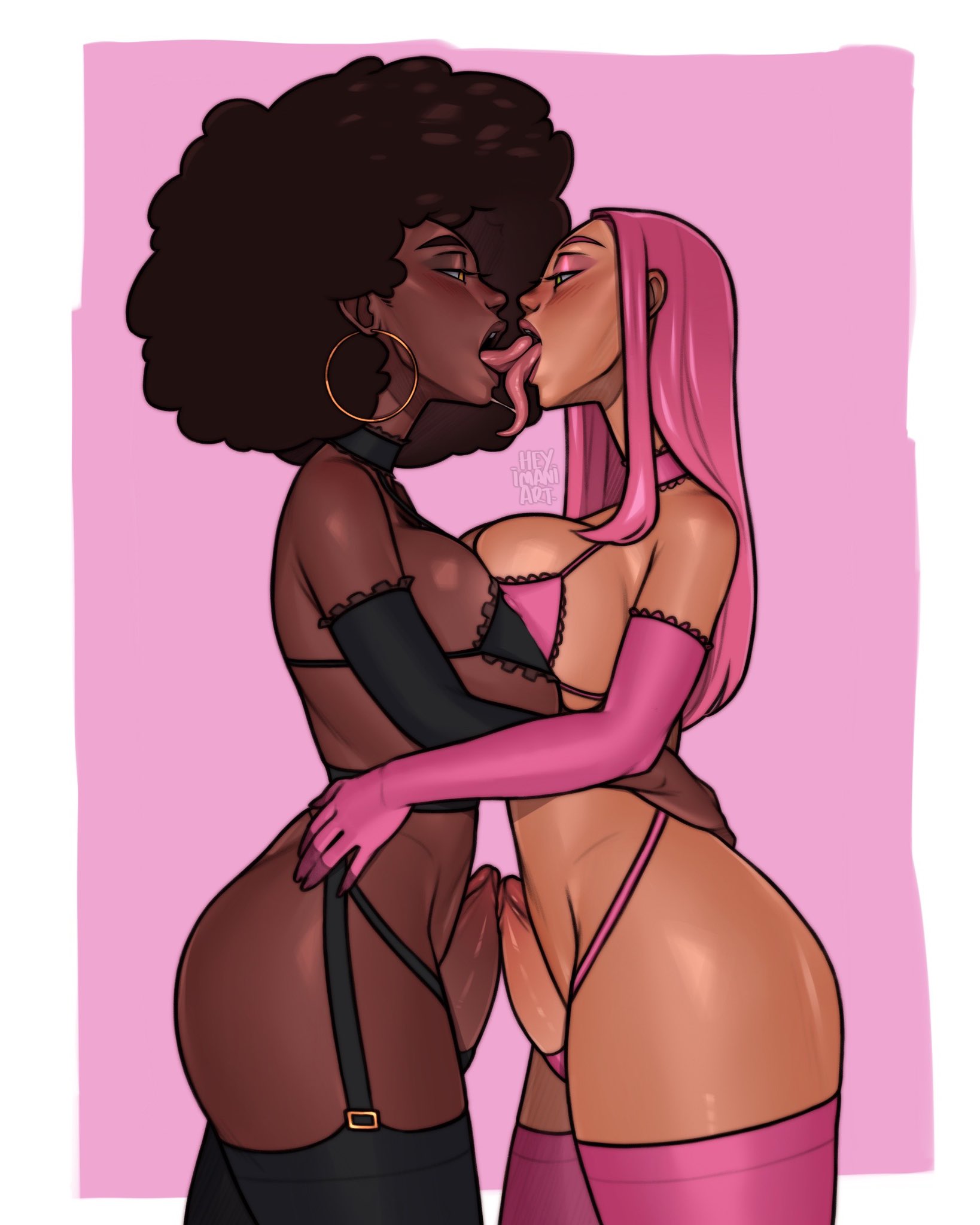 2futas, abeni (dswizz333), afro, big breasts, big penis, black hair, bottomless, breast press, breasts, breasts to breasts, clothed, clothing, dark skin, dark-skinned futa, duo, earrings, elbow gloves, erection, futa on futa, futa only, futanari, gloves, heyimaniart, hi res, hoop earrings, human, intersex, kissing, lingerie, long hair, long tongue, mostly nude, narrowed eyes, olive skin, open mouth, penis, penis on penis, pink hair, sasha (dswizz333), side view, standing, tan, thighhighs, tongue, tongue kiss, tongue out