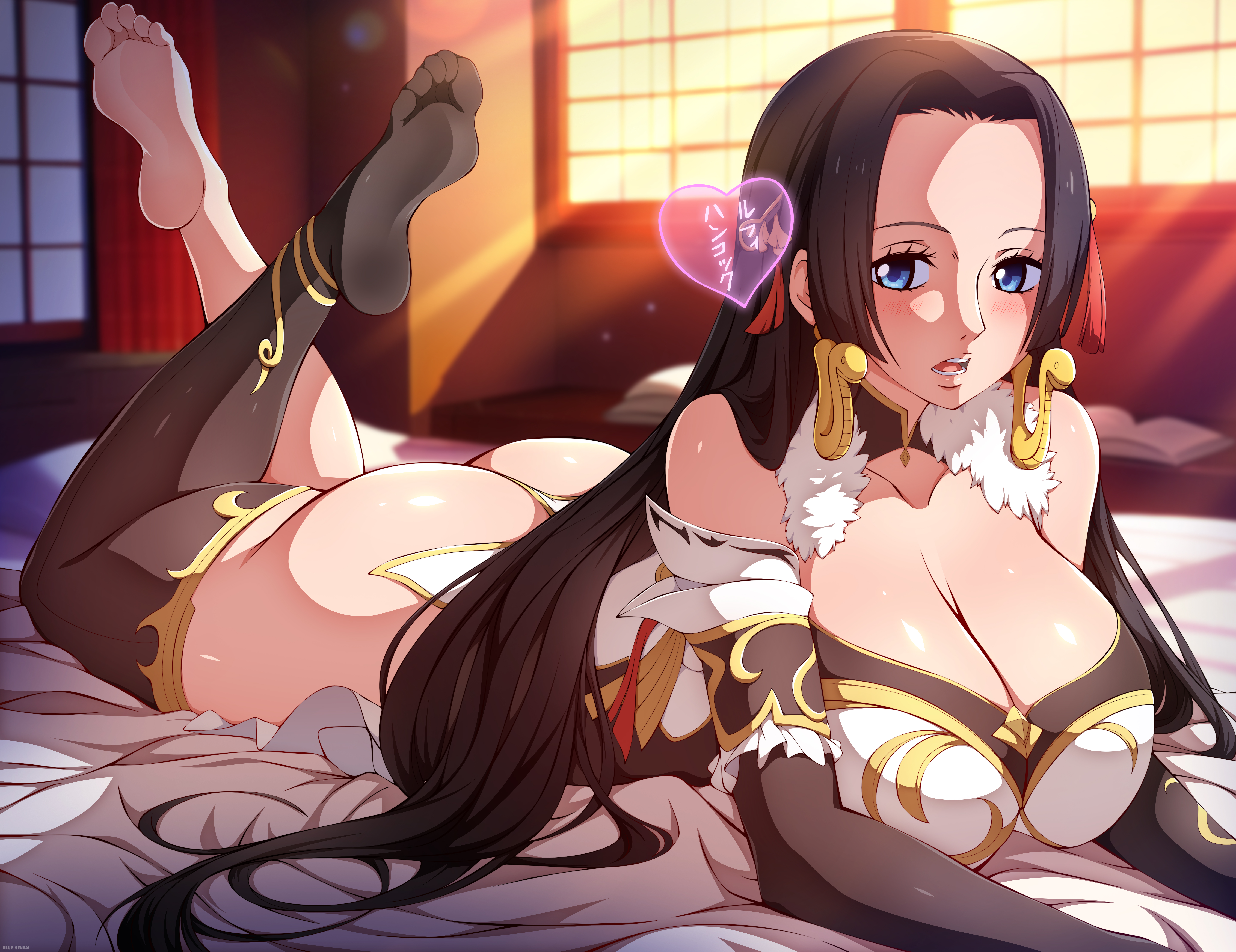 1girls, absurdres, ass, big ass, big breasts, black hair, black-haired female, blue eyes, blue-senpai, boa hancock, breasts, cleavage, dress, feet, female, female only, indoors, light skin, light-skinned female, long hair, lying on stomach, no shoes, on stomach, one piece, solo, tagme, the pose, thick thighs