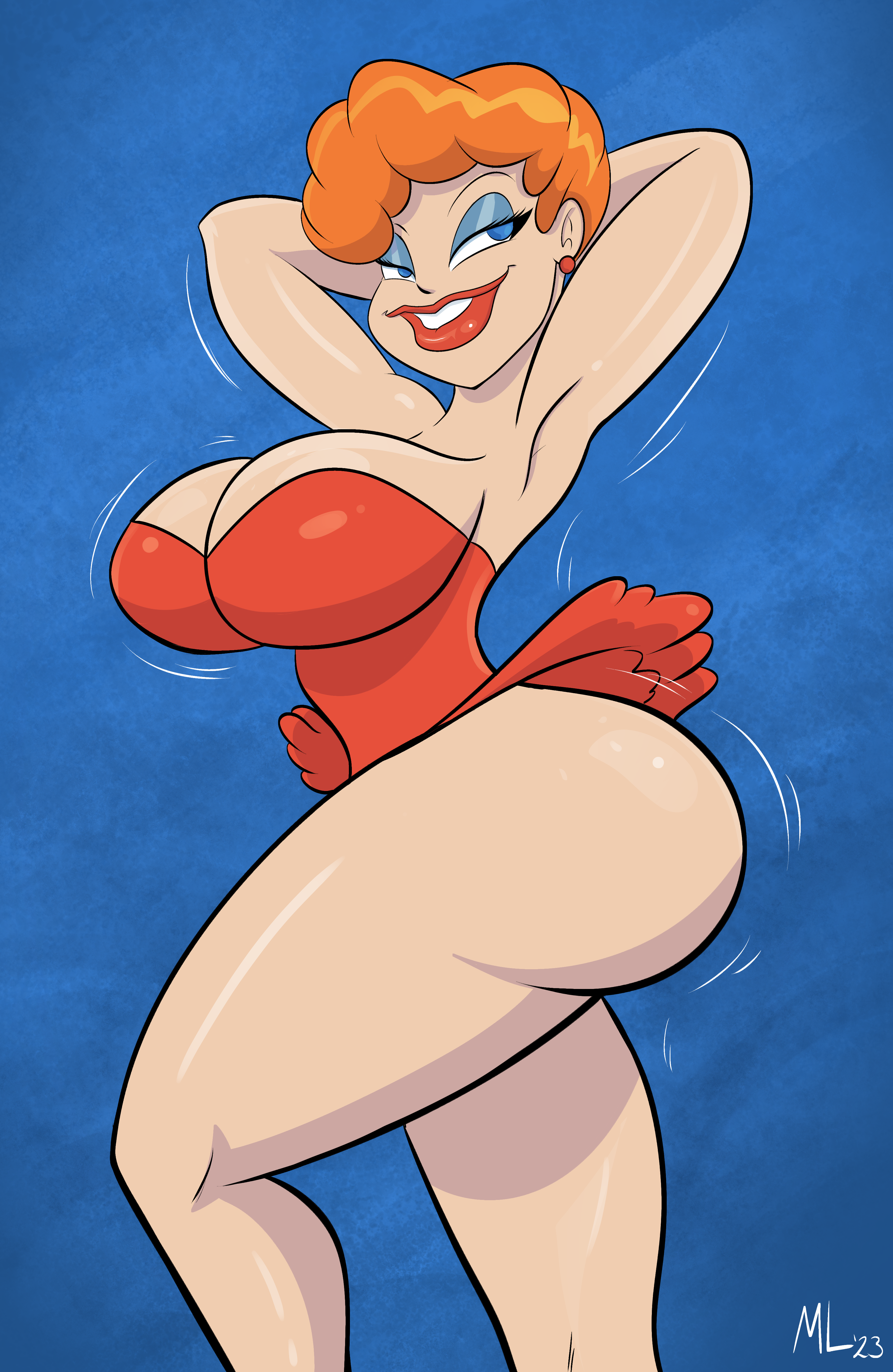 1girls, ameizing lewds, armpits, ass, big ass, big breasts, big butt, blue eyes, breasts, female, metro-goldwyn-mayer, red hair, red hot riding hood, red lipstick, solo, tex avery, thick thighs