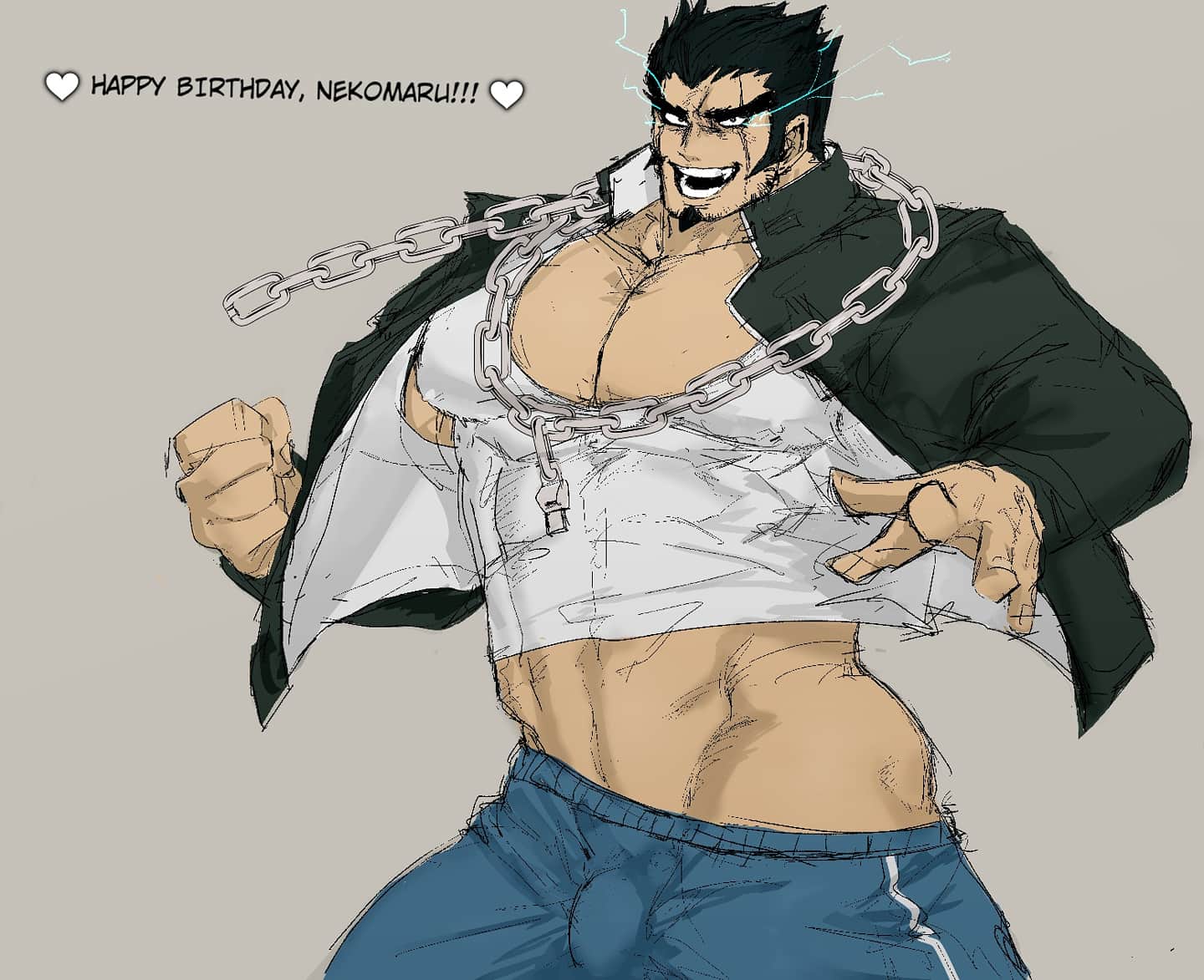 bara bulge chains danganronpa facial_hair fully_clothed goatee male male_only muscles muscular nidai_nekomaru open_jacket scar_across_eye scars solo solo_male super_danganronpa_2 tora_gy