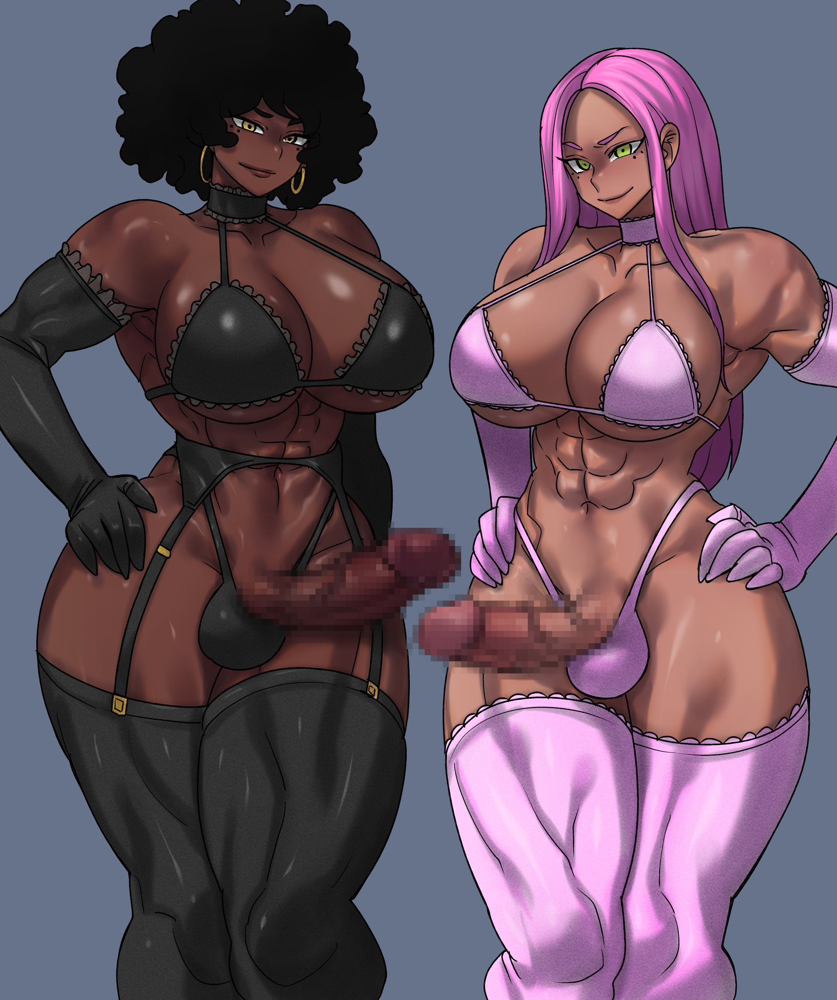 2futas, abeni (dswizz333), abs, afro, armwear, balls, balls bulge, big breasts, big penis, black hair, black lingerie, black stockings, blue background, breasts, censored, censored penis, clothed, clothing, dark skin, dark-skinned futa, duo, elbow gloves, erection, futa only, futanari, garter belt, garter straps, gloves, green eyes, hands on hips, hi res, human, intersex, lingerie, long hair, long penis, looking at viewer, mosaic censoring, mostly nude, muscles, muscular, muscular futa, muscular thighs, olive skin, orange eyes, penis, penis out, pink hair, pink legwear, pink lingerie, sasha (dswizz333), shosho oekaki, smiling, smiling at viewer, standing, stockings, thighhighs