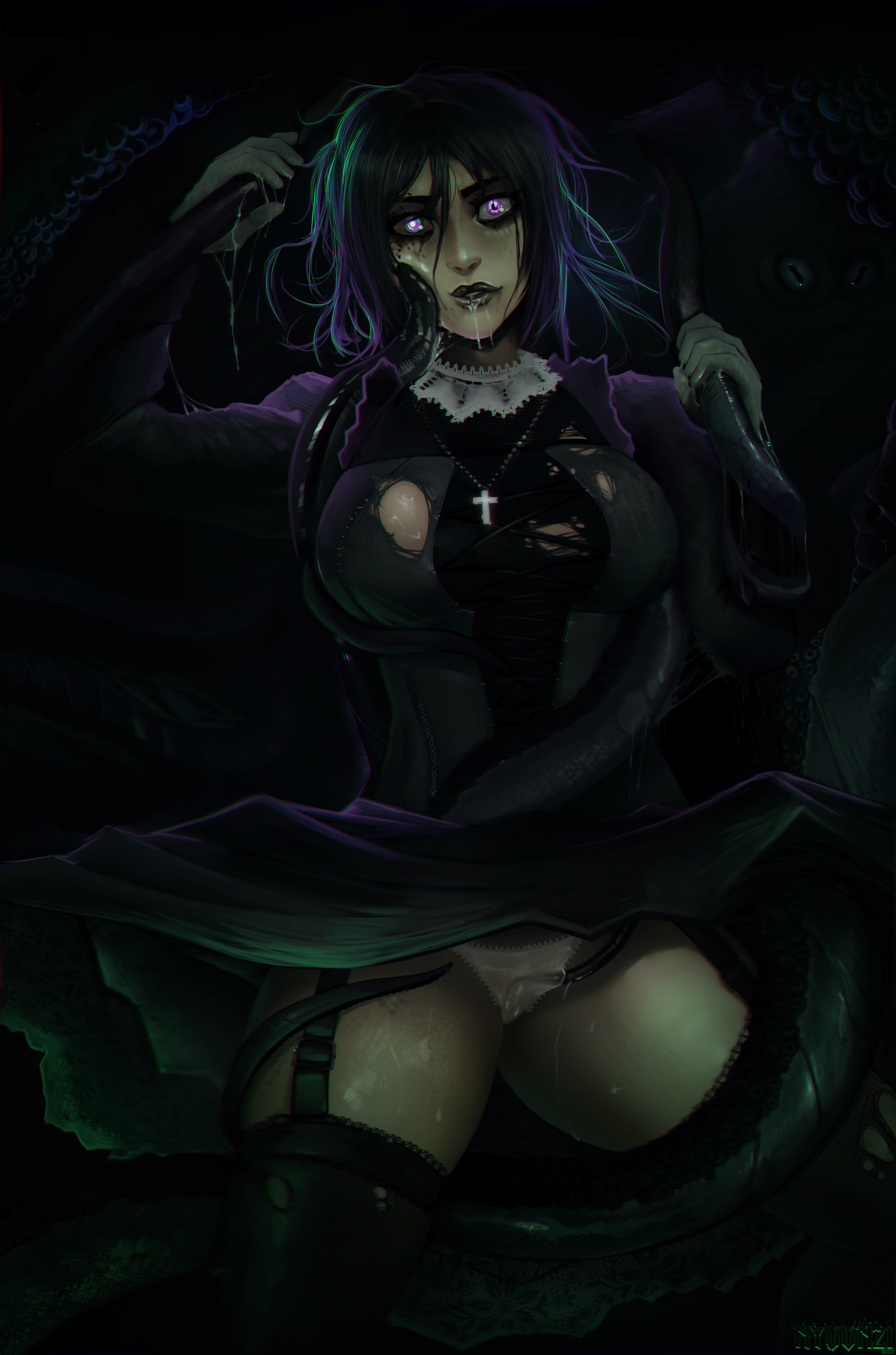 1boy, 1girls, 2022, artist name, big breasts, black hair, breasts, cleavage, clothing, cross necklace, dark background, dripping, erection, female, garter straps, hair, huge breasts, humanoid, large breasts, lips, long hair, looking at viewer, makeup, male, mascara tears, nyuunzi, original, original character, pale skin, panties, parted lips, purple eyes, purple hair, questionable consent, restrained, ripped clothing, ruined makeup, saliva, sweat, tagme, tentacle, tentacle grab, tentacle monster, thick thighs, thighhighs, two-tone hair, upskirt, wet