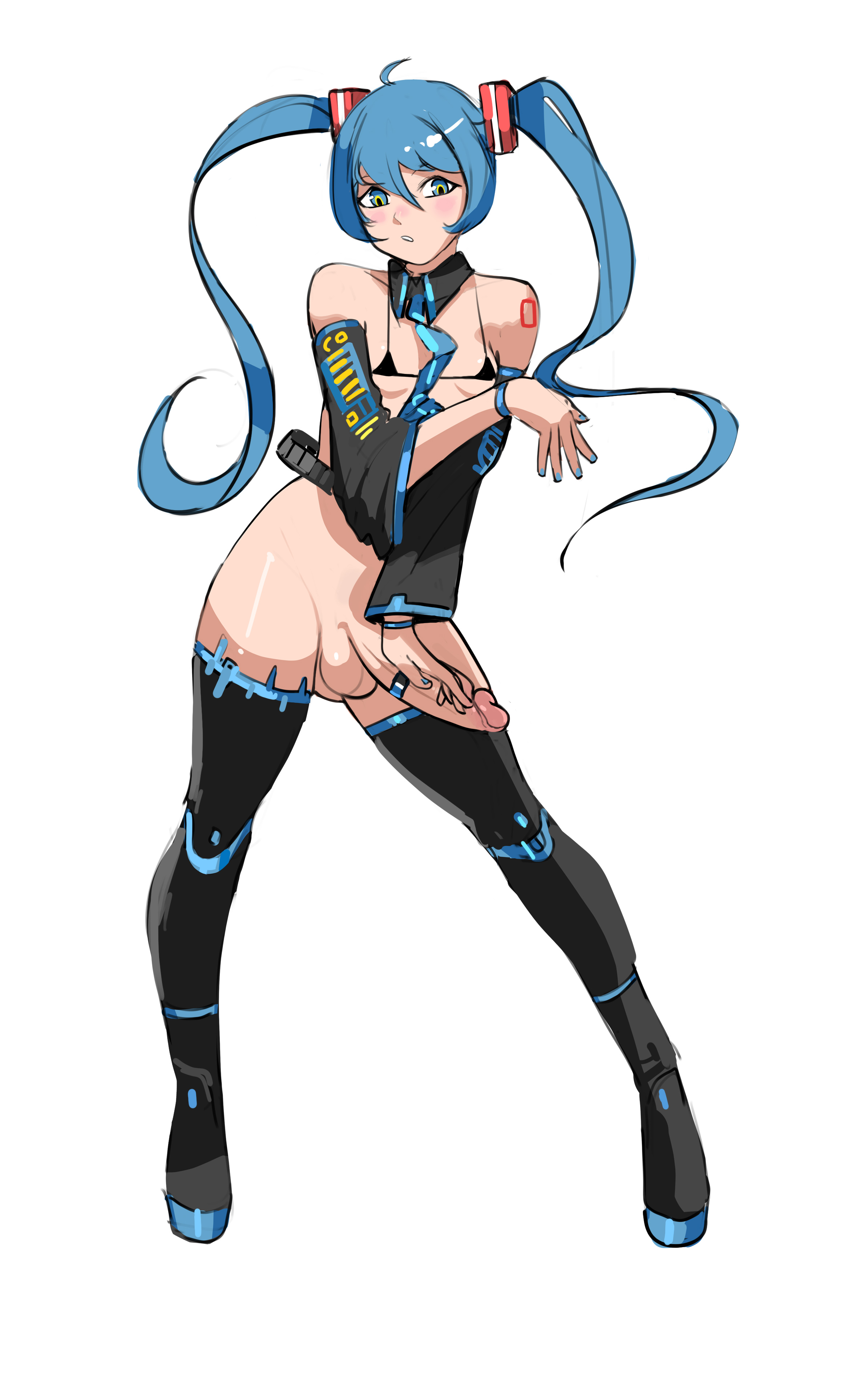 1boy, 1futa, 1girl, balls, big penis, bikini, bikini top only, blue hair, blue nails, blush, boots, bottomless, breasts, clothed, clothing, detached sleeves, erection, full body, futa only, futanari, gwensoftpinktoes, hatsune miku, human, intersex, light skin, light-skinned futa, long hair, long sleeves, male focus, micro bikini, mostly nude, nail polish, necktie, penis, self upload, small breasts, solo, standing, swimsuit, testicles, thigh boots, thighhighs, twintails, uncensored, vocaloid, white background