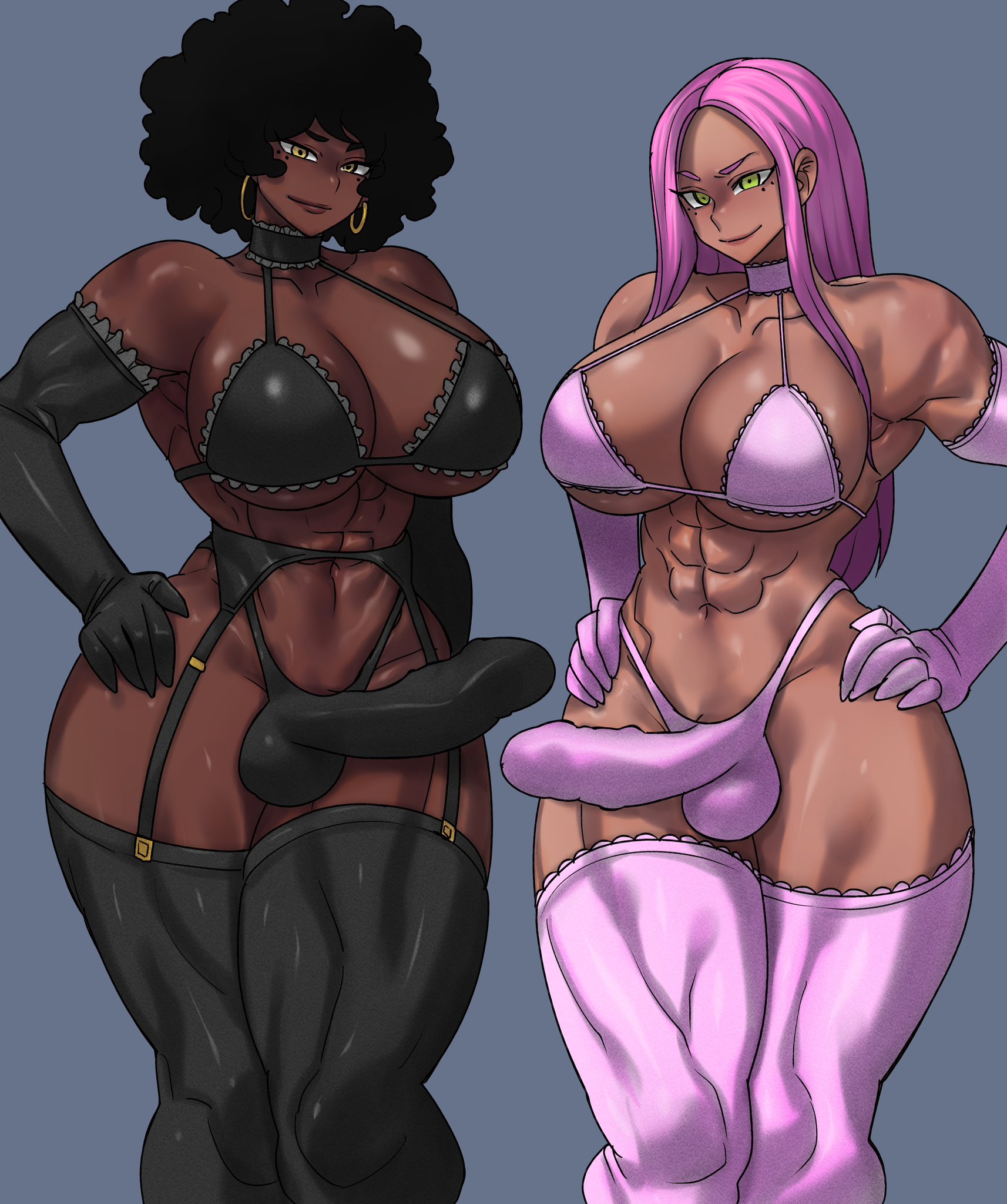 2futas, abeni (dswizz333), abs, afro, armwear, balls, balls bulge, big breasts, big penis, black hair, black lingerie, black stockings, blue background, breasts, clothed, clothing, dark skin, dark-skinned futa, duo, elbow gloves, erection, erection under clothes, futa only, futanari, garter belt, garter straps, gloves, green eyes, hands on hips, hi res, human, intersex, lingerie, long hair, long penis, looking at viewer, mostly nude, muscles, muscular, muscular futa, muscular thighs, olive skin, orange eyes, penis, pink hair, pink legwear, pink lingerie, sasha (dswizz333), shosho oekaki, smiling, smiling at viewer, standing, stockings, thighhighs