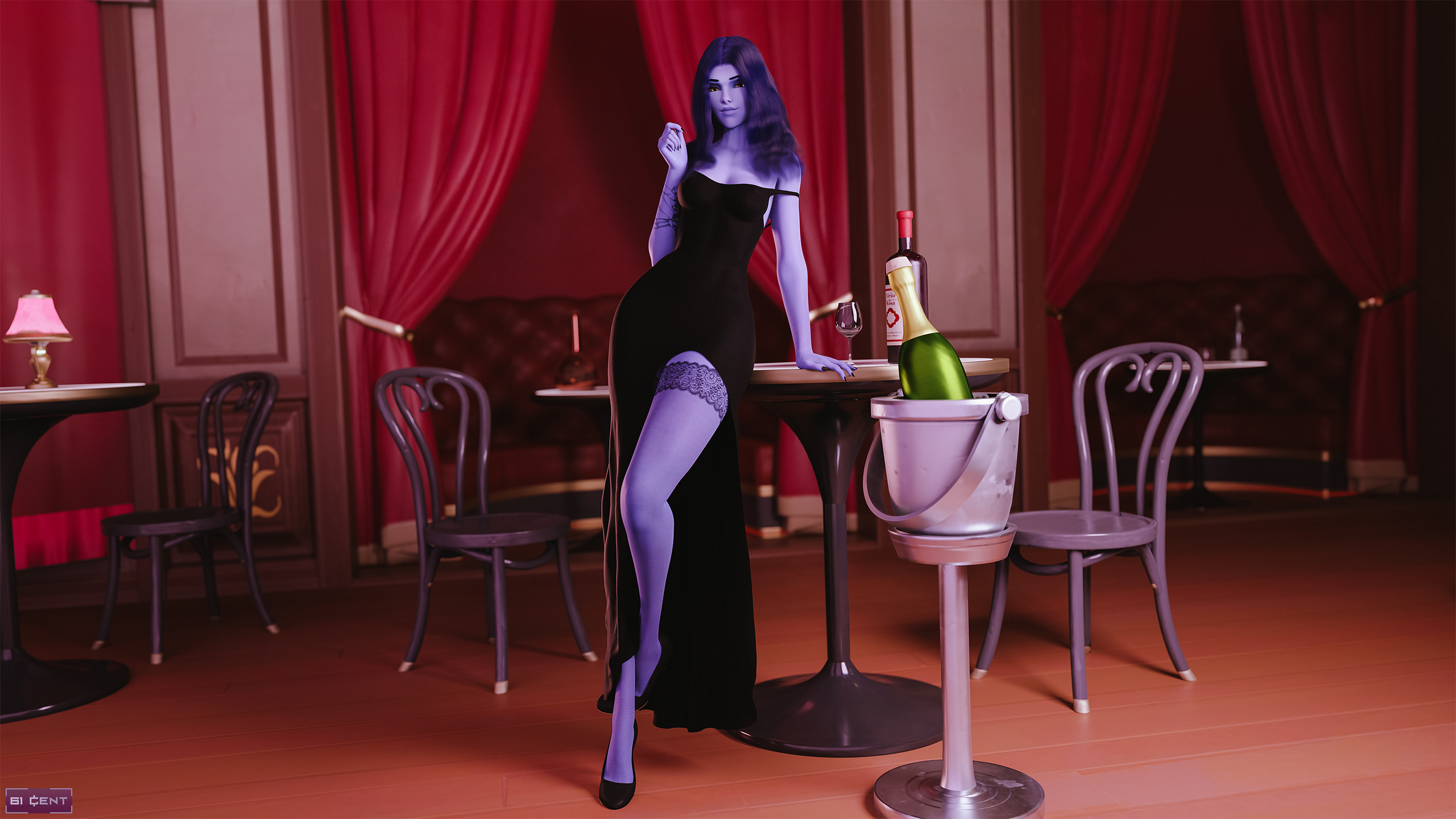 16:9, 1girls, 3d, 61cent, alternate version available, amelie lacroix, athletic, athletic female, blender, blizzard entertainment, chair, clothed, clothing, detailed background, dress, female, female focus, female only, highres, legwear, long hair, looking at viewer, overwatch, overwatch 2, pose, posing, purple body, purple hair, purple skin, shoes, smile, smiling, solo, solo female, solo focus, standing, stockings, table, tattoo, thick thighs, watermark, widescreen, widowmaker, wine, wine bottle, wine glass, yellow eyes
