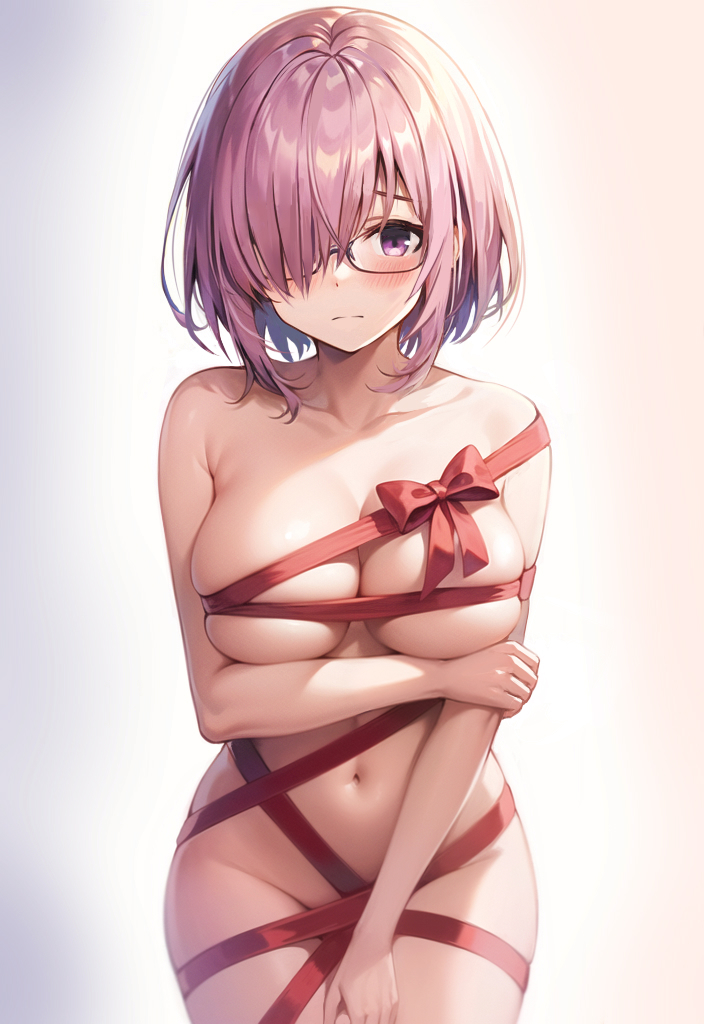 1girls, arm under breasts, big breasts, blush, breast hold, breasts, censored, cleavage, collarbone, fate (series), fate/grand order, female, female focus, female only, gift wrapped, glasses, hair over one eye, haruyuki (karem), large breasts, looking at viewer, mash kyrielight, nude, nude female, pink hair, purple eyes, ribbon, ribbon bondage, shiny hair, short hair, shy, simple background, standing, valentine's day, white background