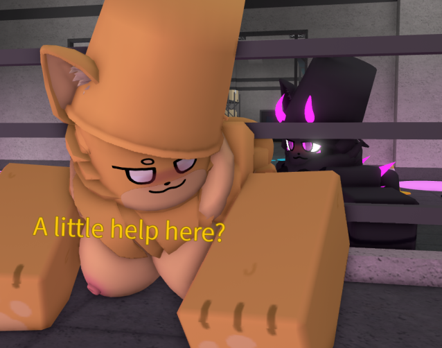 2girls 3d artist_request asking_for_help black_fur blush breasts breasts_out buck_(kaiju_paradise) cat_ears cat_tail catte_(kaiju_paradise) feline female female_only girl gootraxian kaiju_paradise nude nude_female orange_fur roblox roblox_game source_request stuck tagme vaginal