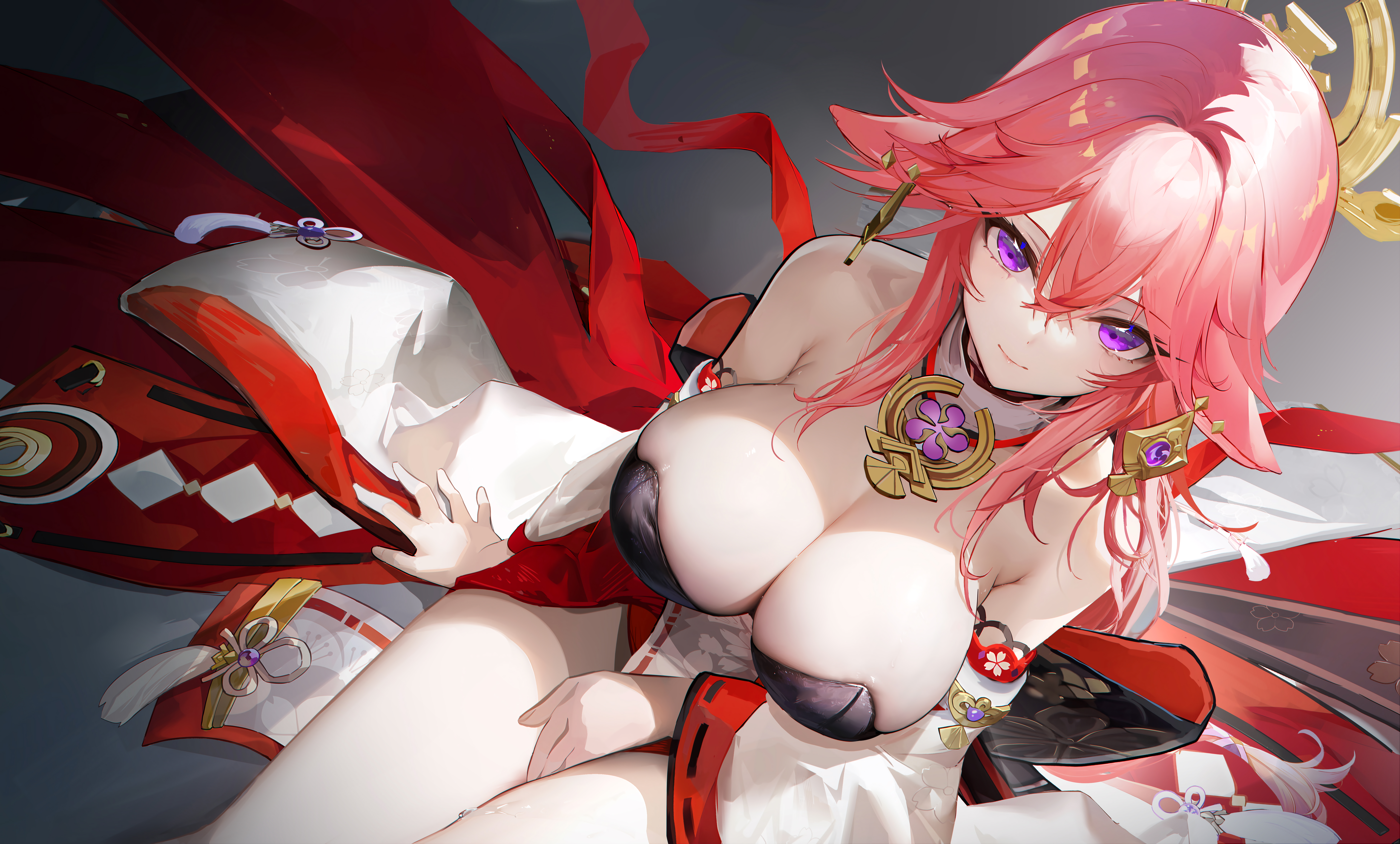 1girls, absurdres, big breasts, breasts, cleavage, female, fox ears, fox girl, genshin impact, kemonomimi, kitsune, light-skinned female, long hair, looking at viewer, omone hokoma agm, pale skin, pink hair, purple eyes, shrine maiden, tagme, thick thighs, yae miko