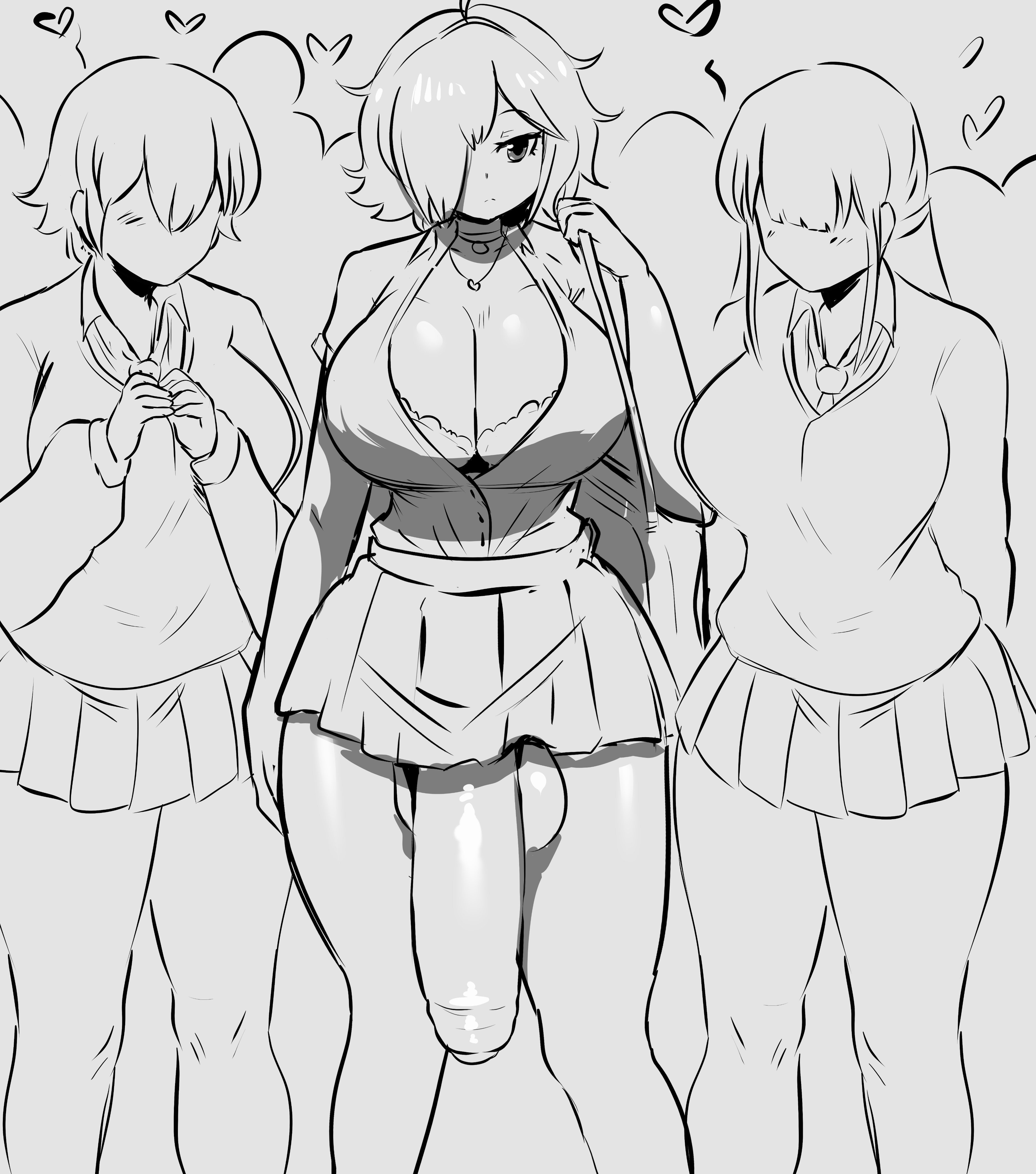1futa, 2023, 2girls, balls, big balls, big breasts, big penis, bottomless, breasts, casual, casual exposure, cleavage, clothed, clothing, exposed penis, feet out of frame, female, flaccid, foreskin, full-package futa, fully clothed, futa focus, futanari, garnet (ghosffee), ghosffee, hair over one eye, hanging penis, heart, huge breasts, huge cock, human, intersex, microskirt, monochrome, mostly clothed, original, partially retracted foreskin, penis, penis awe, pleated skirt, public, public exposure, retracted foreskin, school uniform, schoolgirl, short hair, skirt, smooth penis, standing, thick penis, uncircumcised, uncut, voluptuous female