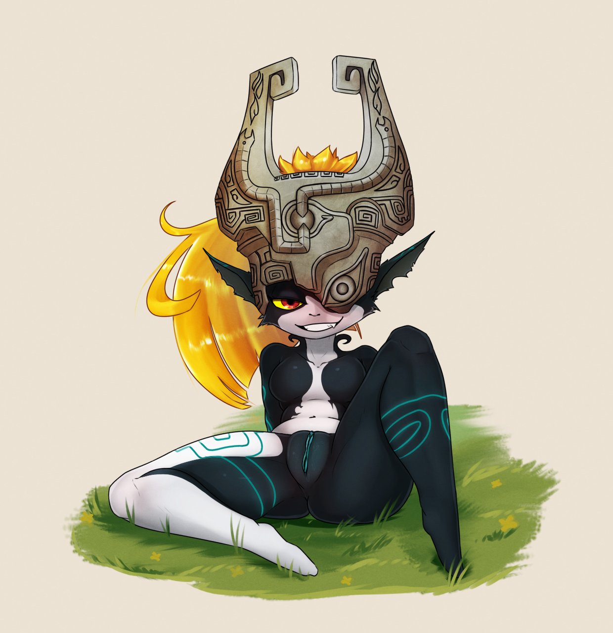 1girls, aroused, blush, breasts, completely nude, exposed, fangs, female, female only, grass, grin, helmet, imp, imp midna, krimble, legs apart, legs spread, long hair, midna, multicolored skin, nude, nude female, one eye obstructed, orange hair, outdoors, outside, petite, pointy ears, presenting, presenting pussy, pussy, red eyes, shortstack, small breasts, smile, solo, spread legs, spreading, the legend of zelda, thick thighs, twilight princess, yellow sclera
