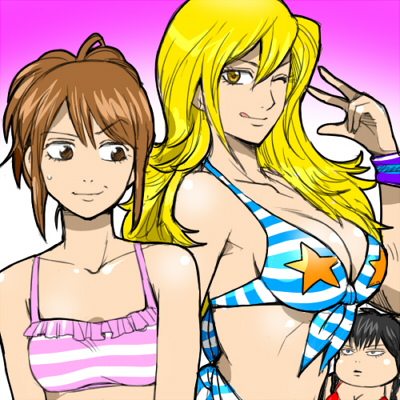 1:1 3girls 3mm alternate_costume annoyed big_breasts bikini blonde_hair breast_envy breast_size_difference brown_eyes brown_hair canon_genderswap cleavage female female_only genderswap_(mtf) gintama hijikata_tenko hijikata_toshiro kondou_goriko kondou_isao long_hair looking_at_viewer lowres ponytail rule_63 shimura_tae small_breasts smile striped_bikini sweatdrop v wavy_mouth wink yellow_eyes