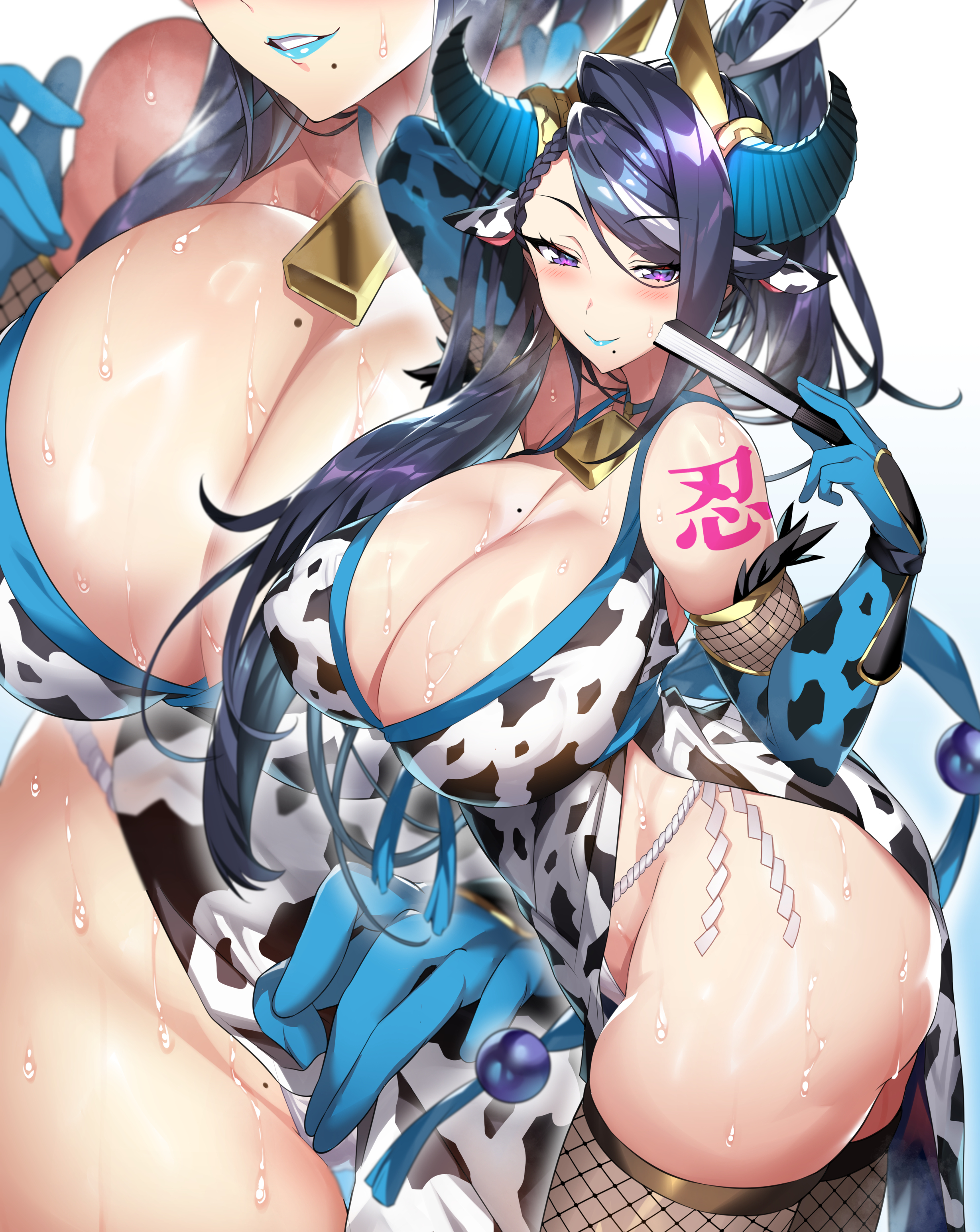 1girls, 2023, 2d, 2d (artwork), ass, aurora (bunnystein fantasy), beauty mark, bell choker, bell collar, big ass, big butt, big thighs, blue gloves, blue lipstick, breasts, bunnystein fantasy, busty, choker, cleavage, clothed, clothed female, cow ears, cow print, curvaceous, curves, curvy, curvy body, curvy female, curvy figure, elbow gloves, fan, female, female focus, female only, fishnet, fishnet legwear, fishnet stockings, fishnets, gan (shanimuni), gloves, hand fan, hi res, high resolution, highres, hips, horns, hourglass figure, huge ass, huge breasts, huge butt, large ass, large butt, large thighs, light skin, light-skinned female, loincloth, long hair, massive breasts, mature female, milf, mole, mole on breast, mole under mouth, nipple bulge, panties, purple eyes, purple hair, shoulder tattoo, side-tie panties, skindentation, solo, solo female, solo focus, sweat, sweatdrop, sweating, sweaty, sweaty body, sweaty breasts, sweaty thighs, tattoo, thick thighs, thighhighs, thighs, very long hair, voluptuous, white panties, wide hips