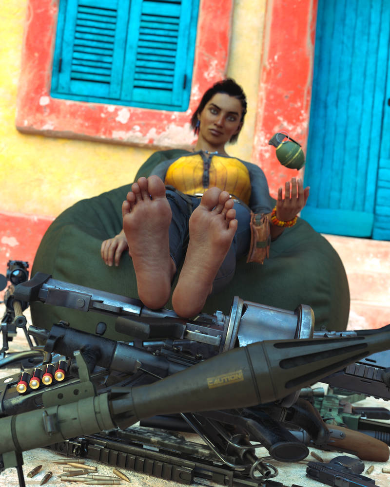 bandage barefoot bean_bag bracelet car dani_rojas dark_hair far_cry far_cry_6 feet female female_only foot_fetish foot_focus footwear grenade grenade_launcher gun hair_bun jeans latina looking_at_viewer nexrenders night rocket_launcher rpg shoes shoes_removed shotgun shotgun_shell sitting sneakers soles t-shirt toes weapon