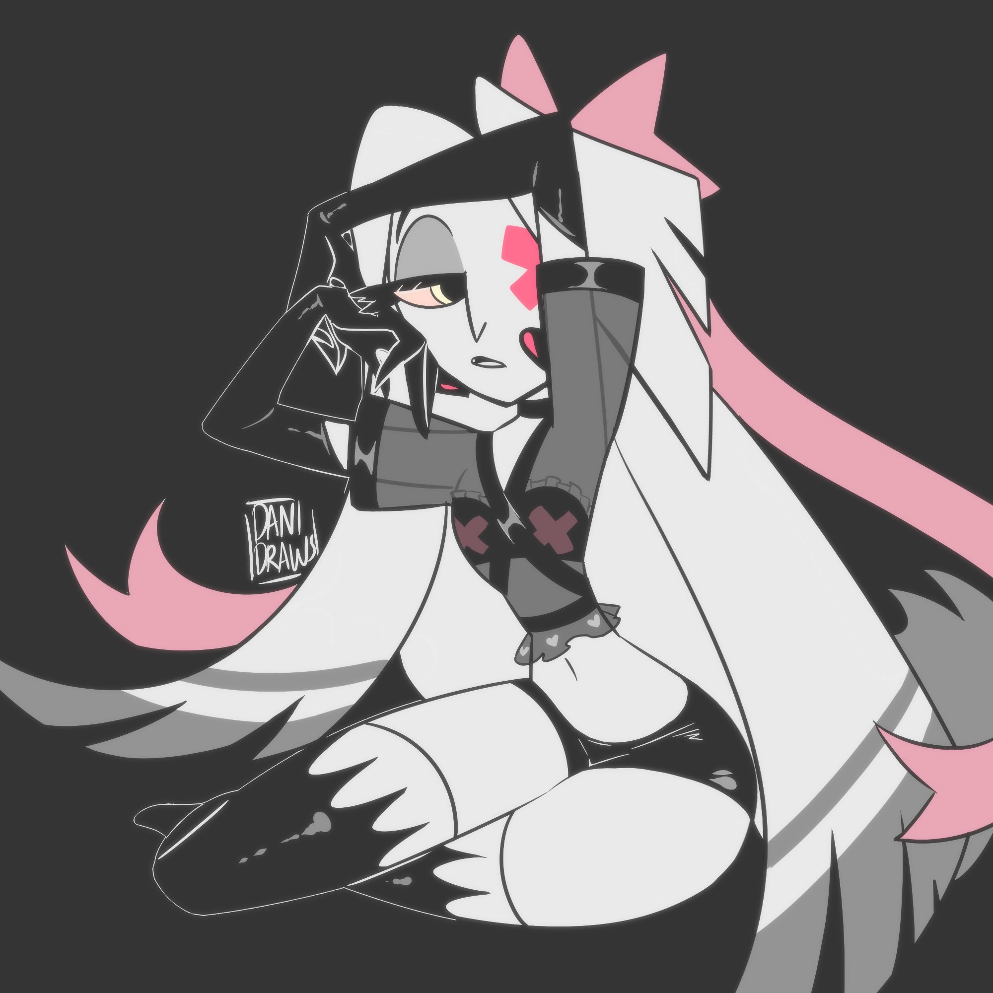 breasts, danidrawsandstuff, female, gloves, hair ribbon, hazbin hotel, lingerie, moth, navel, pose, posing, small breasts, thighhighs, vaggie (hazbin hotel), vivienne medrano