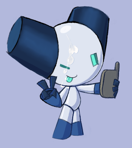 ambiguous_gender bodily_fluids cum cum_on_face genital_fluids gesture low_res machine not_furry robot robotboy robotboy_(character) solo toonyrobot v_sign