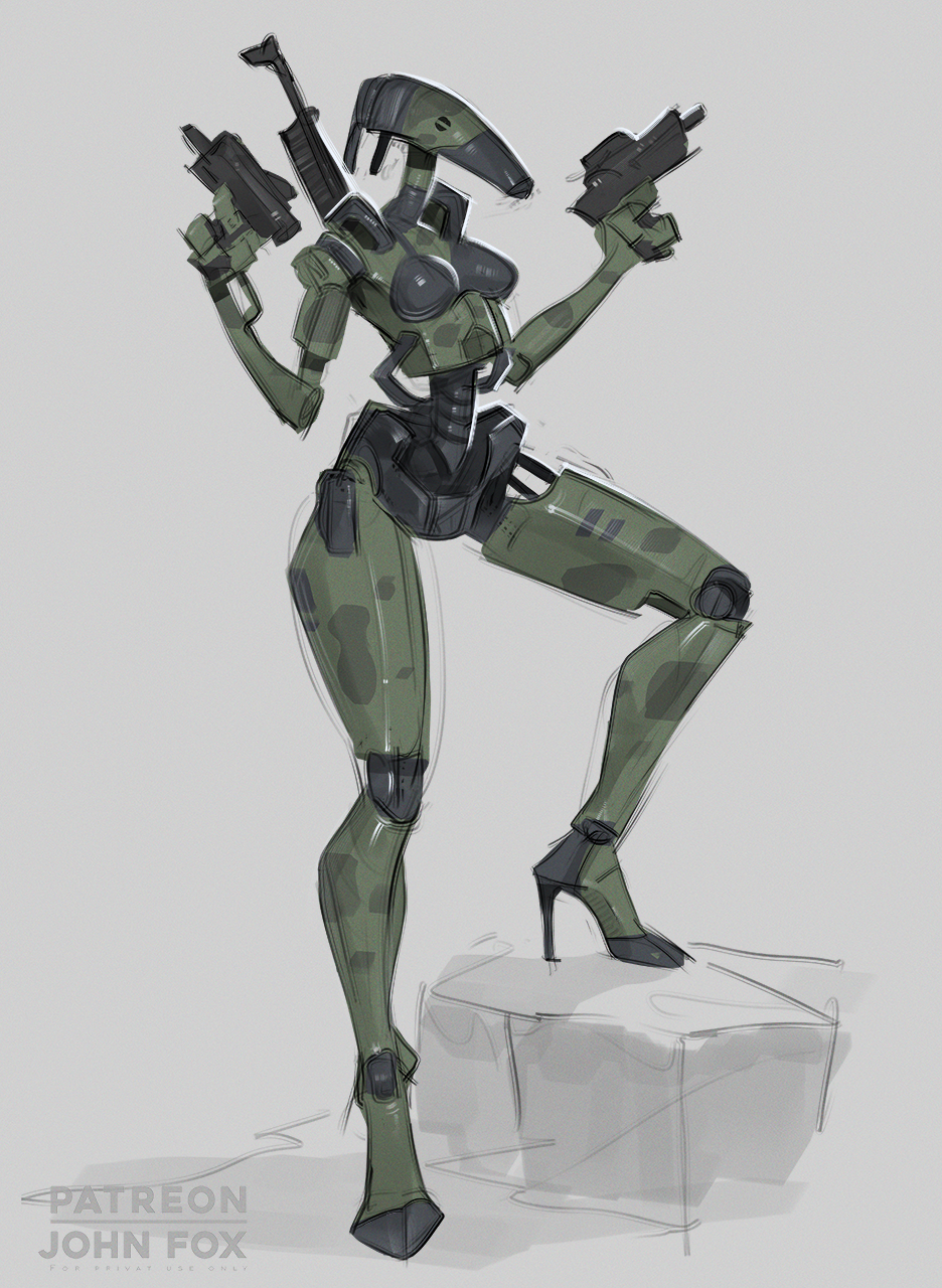 2023 2d artist_name b1_battle_droid battle_droid breasts digital_media_(artwork) droid female female_only firearm green_body johnfoxart pistol robot robot_girl rule_63 star_wars tagme