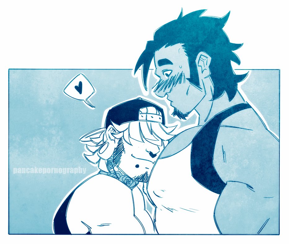 <3 2boys ashley_(thepancakehub) bara bara_tits beard_stubble blush blushing buff calvin_(thepancakehub) gay hair_covering_eye hair_covering_eyes head_on_chest heart larger_male muscular muscular_male pecs pectorals piercing sfw sideburns thepancakehub