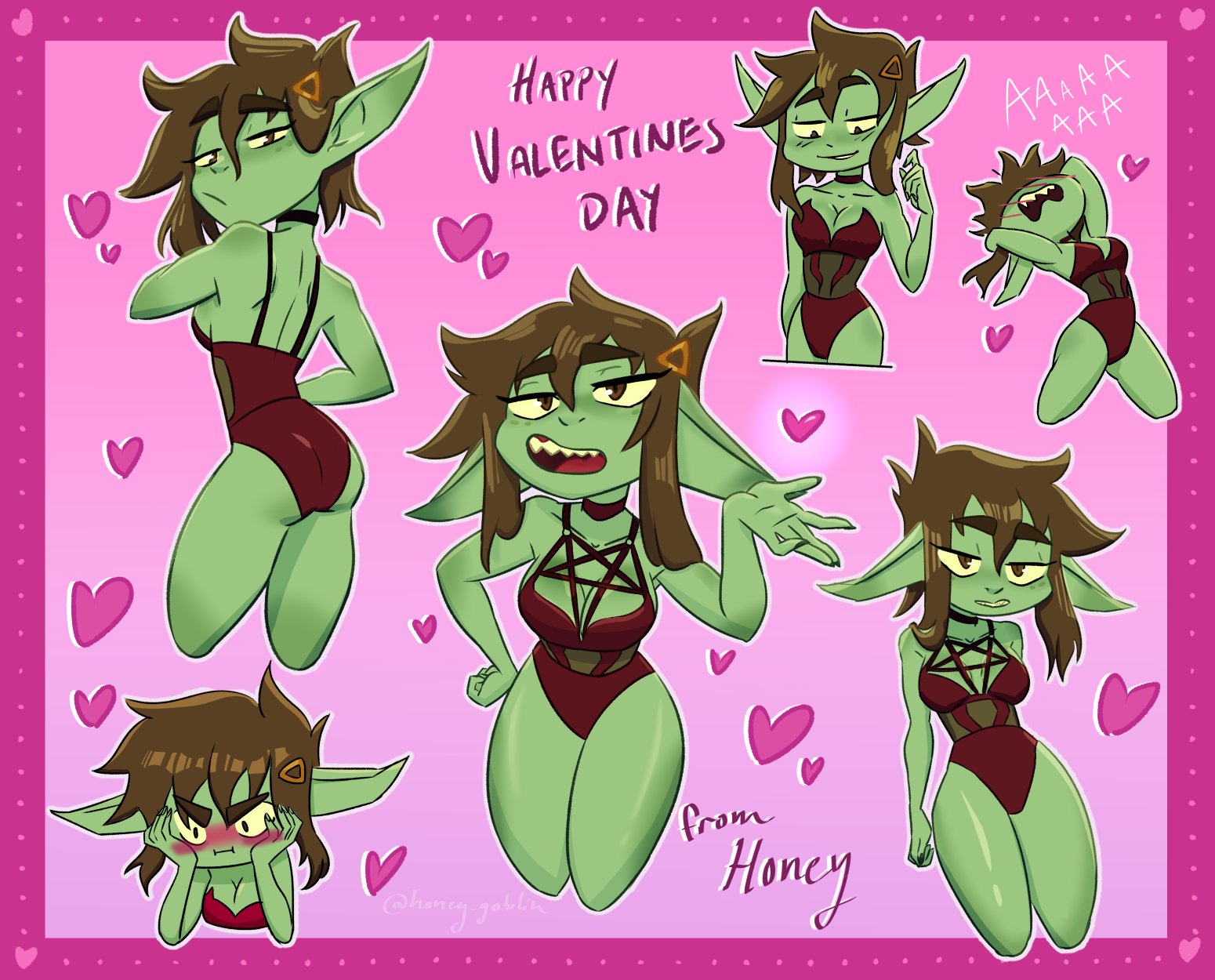 1girls, ass, blush, bodysuit, brown hair, clothing, collar, female, goblin, goblin female, green skin, honey goblin, honey goblin (artist), humanoid, leotard, lingerie, official art, red leotard, sharp teeth, shortstack, smug face, thick ass, thick eyebrows, thick thighs, virtual youtuber