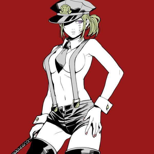 1:1 3mm alternate_costume blonde_hair cleavage detached_collar facial_scar female female_only gintama hand_on_hip lowres medium_breasts military_hat nail_polish necktie ponytail purple_eyes red_background restricted_palette short_shorts shorts sideboob solo suspenders thigh_boots thighhighs tsukuyo whip wrist_cuffs