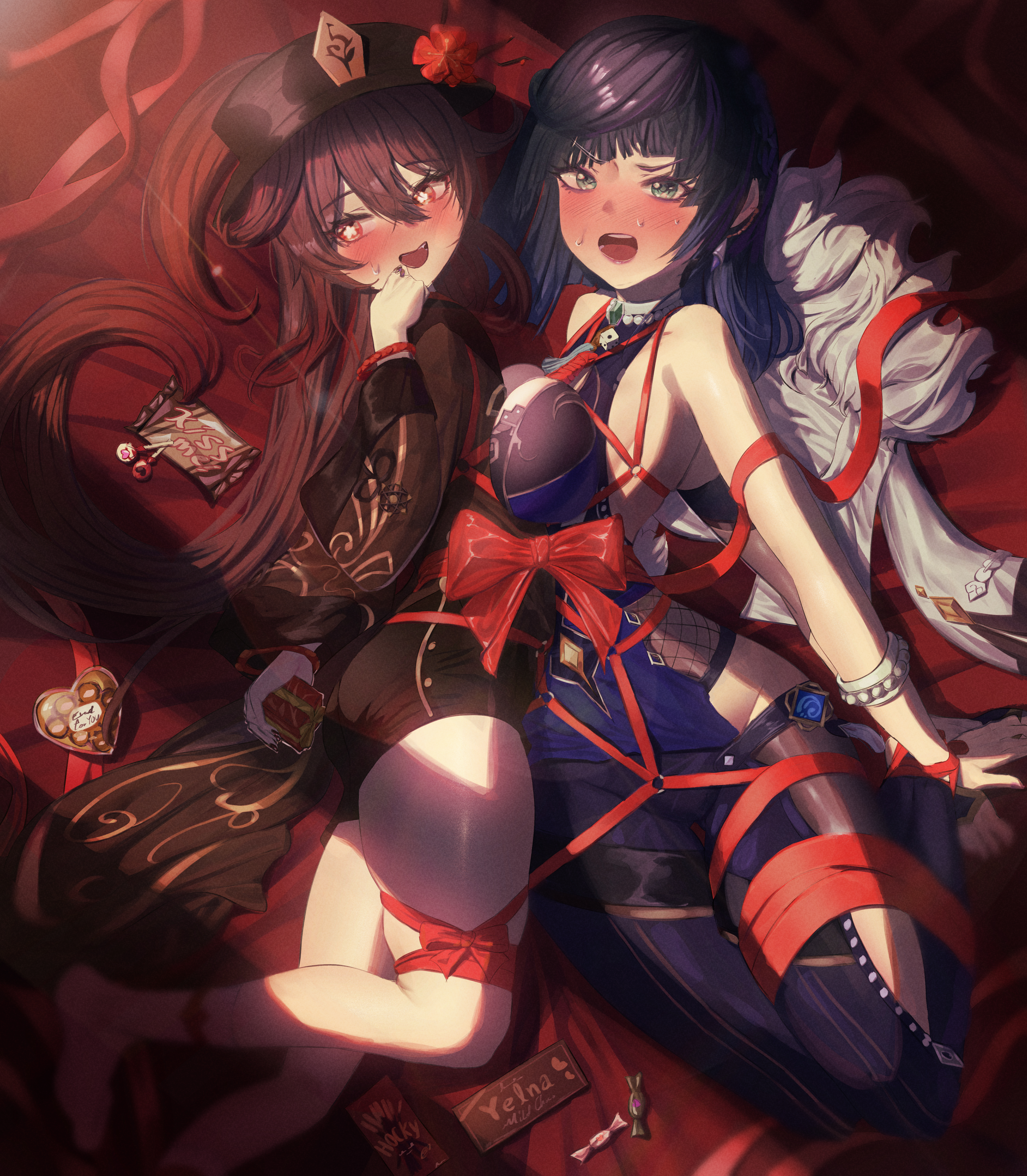 2girls, blush, bondage, bound together, breast press, breast size difference, breasts, chocolate, curvy, dress, female, female only, flat chest, genshin impact, gift wrapped, hat, hu tao (genshin impact), jacket, large breasts, looking at viewer, petite, restrained, rope, shorts, small breasts, smile, sweat, thick thighs, tied up, valentine's day, yelan (genshin impact)