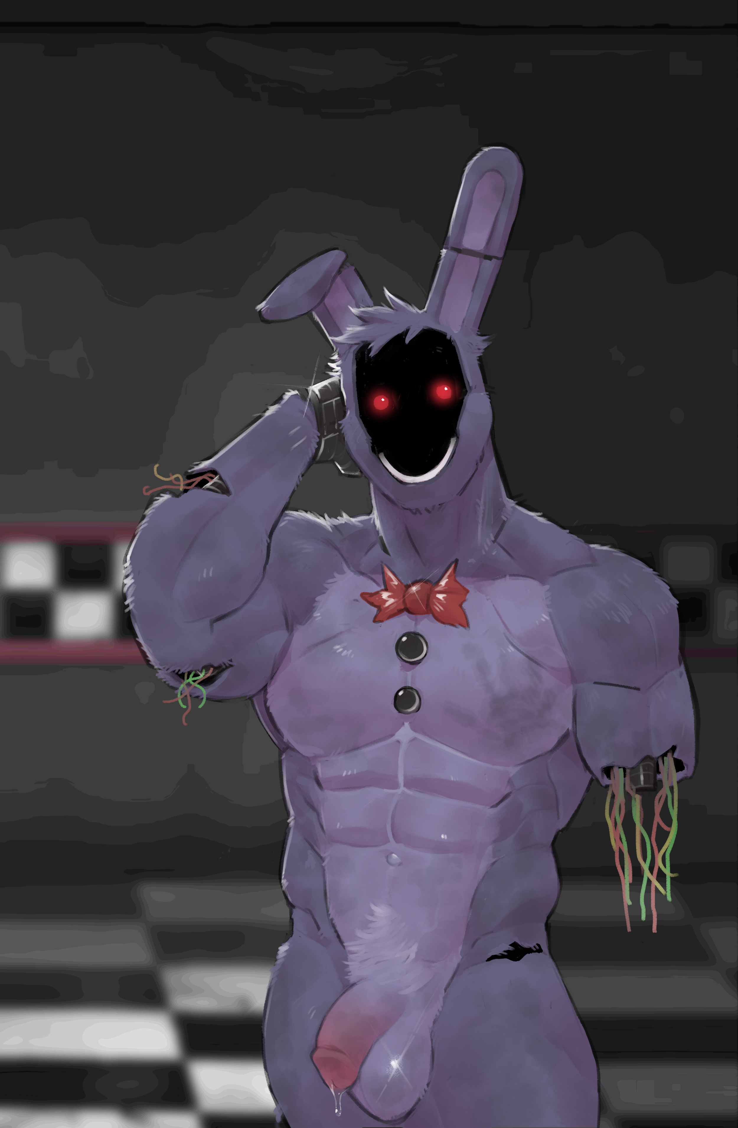 anthro, balls, bonnie (fnaf), bowtie, bunny ears, dirty, faceless, fanofthefurr, five nights at freddy's, five nights at freddy's 2, furry, hand behind head, hand print, male, male only, missing arm, penis, rabbit, rabbit ears, solo, solo male, wires, withered bonnie