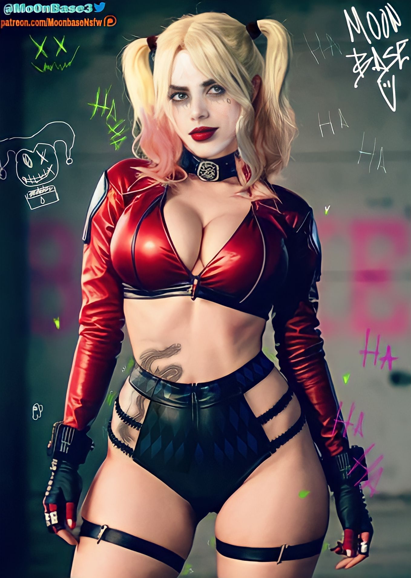 1girls, ai generated, big breasts, billie eilish, blonde hair, blue eyes, breasts, celebrity, cosplay, dc, dc comics, female, female only, harley quinn, moonbase nsfw, real person, realistic, solo