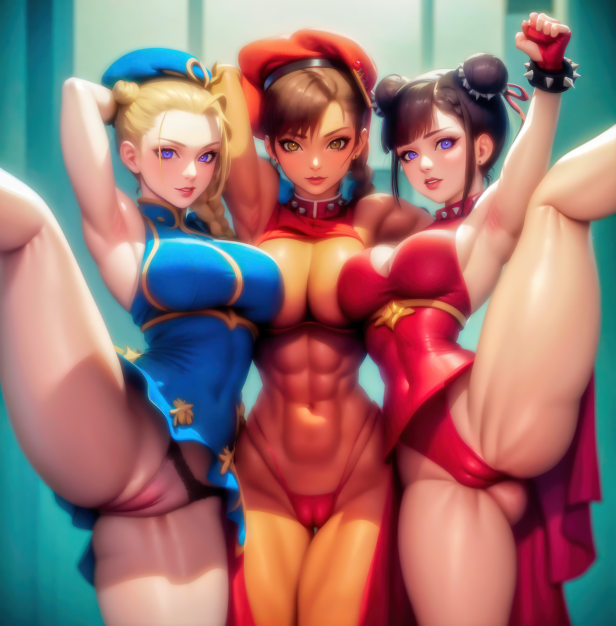 2d, 3girls, abs, ai generated, armpits, arms up, blue eyes, cameltoe, cammy white, capcom, chun-li, cleavage, female, female only, human, juri han, leg up, looking at viewer, multiple females, multiple girls, muscular, panties, pinup, pussy, spread legs, street fighter, video games