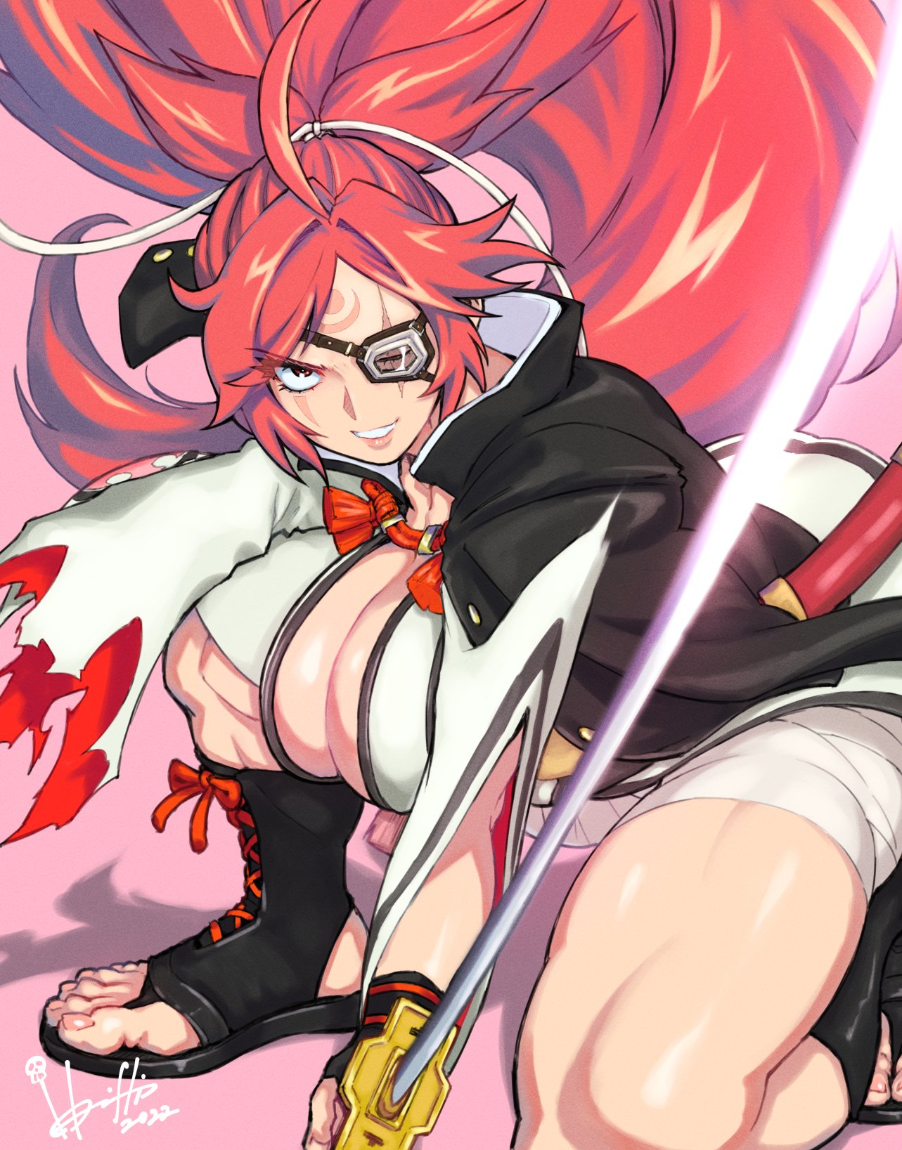 1girls 2022 artist_name attack attacking attacking_viewer baiken big_breasts breasts busty crouched crouching curvaceous curvy curvy_body curvy_female curvy_figure eye_patch face_markings face_marks female female_only gigantic_breasts guilty_gear hori_shin_(horishin1986) huge_breasts huge_thighs katana large_breasts light-skinned_female light_skin lips markings milf on_one_knee one_arm one_armed pink_hair ponytail red_eyes red_hair redhead revealing_clothes samurai sandals scar scar_across_eye scar_on_face scarred scars scars_on_face slicing solo swinging_weapon sword tagme tagme_(artist) thick thick_thighs thighs tied_hair traditional_clothes warrior weapon