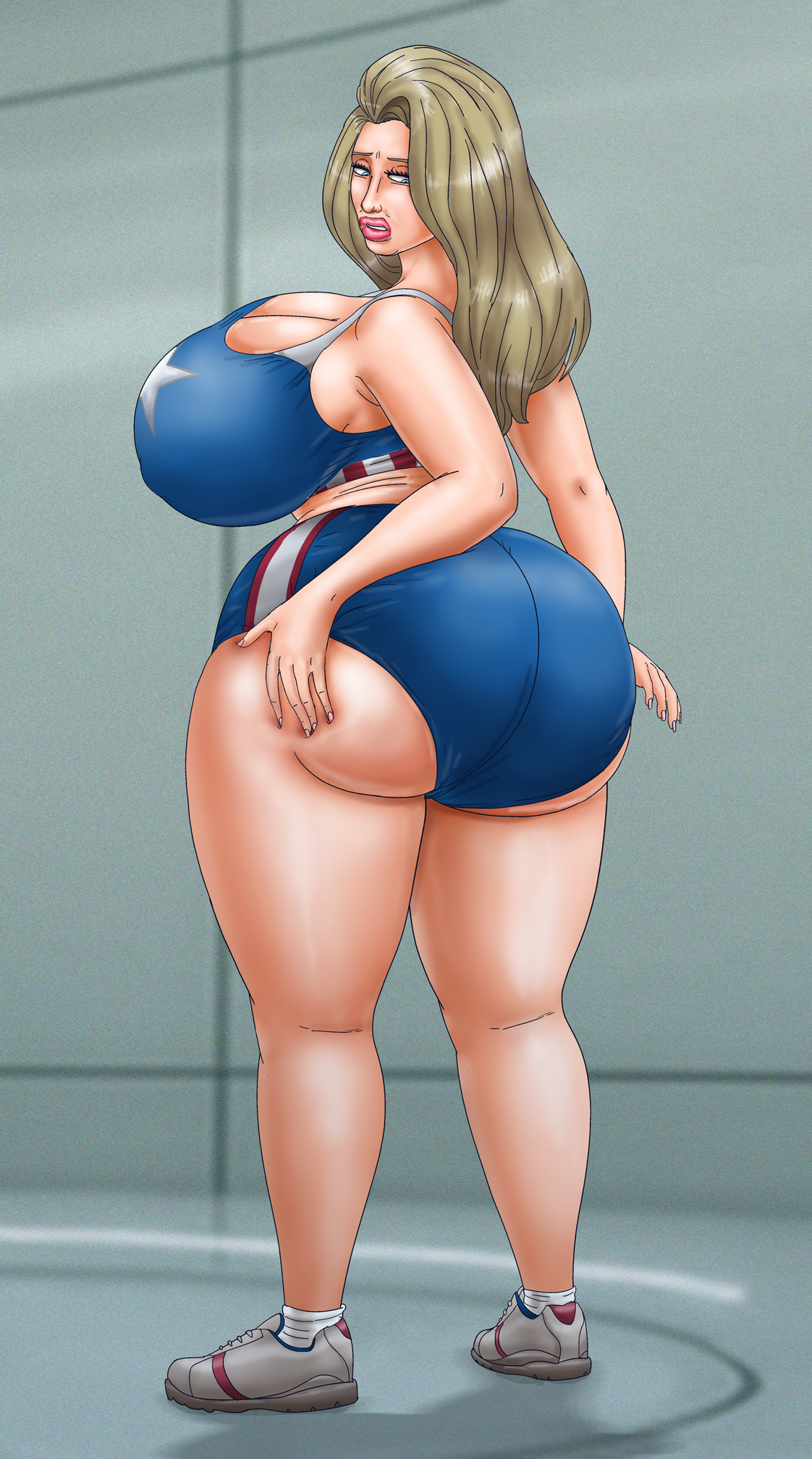 1girls, ass, ass bigger than breasts, ass bigger than head, big ass, big breasts, bimbo, bimbo body, bimbo lips, bimbofication, bimbofied, blonde hair, blue eyes, booty shorts, breasts, breasts bigger than head, captain america, cleavage, clothed, clothed female, clothing, female, from behind, huge ass, huge breasts, human, hyper bimbo, large ass, large breasts, looking back, marvel, marvel comics, rear view, rule 63, saturnxart, short shorts, sneakers, solo, solo female, solo focus, steve rogers, wide hips