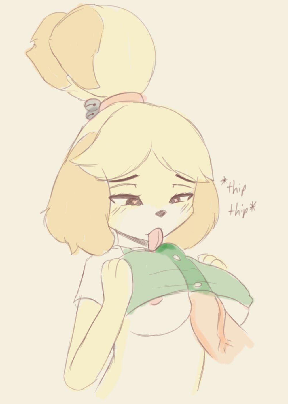 animal crossing, anthro, breasts, bulge, canine, clothing, disembodied penis, erection, female, fur, furry, human, human on anthro, humanoid penis, isabelle (animal crossing), licking, licking penis, male, male/female, nintendo, paizuri, paizuri under clothes, penis, penis lick, penis under clothes, text, titfuck, titfuck under clothes, titjob, topwear, tri64