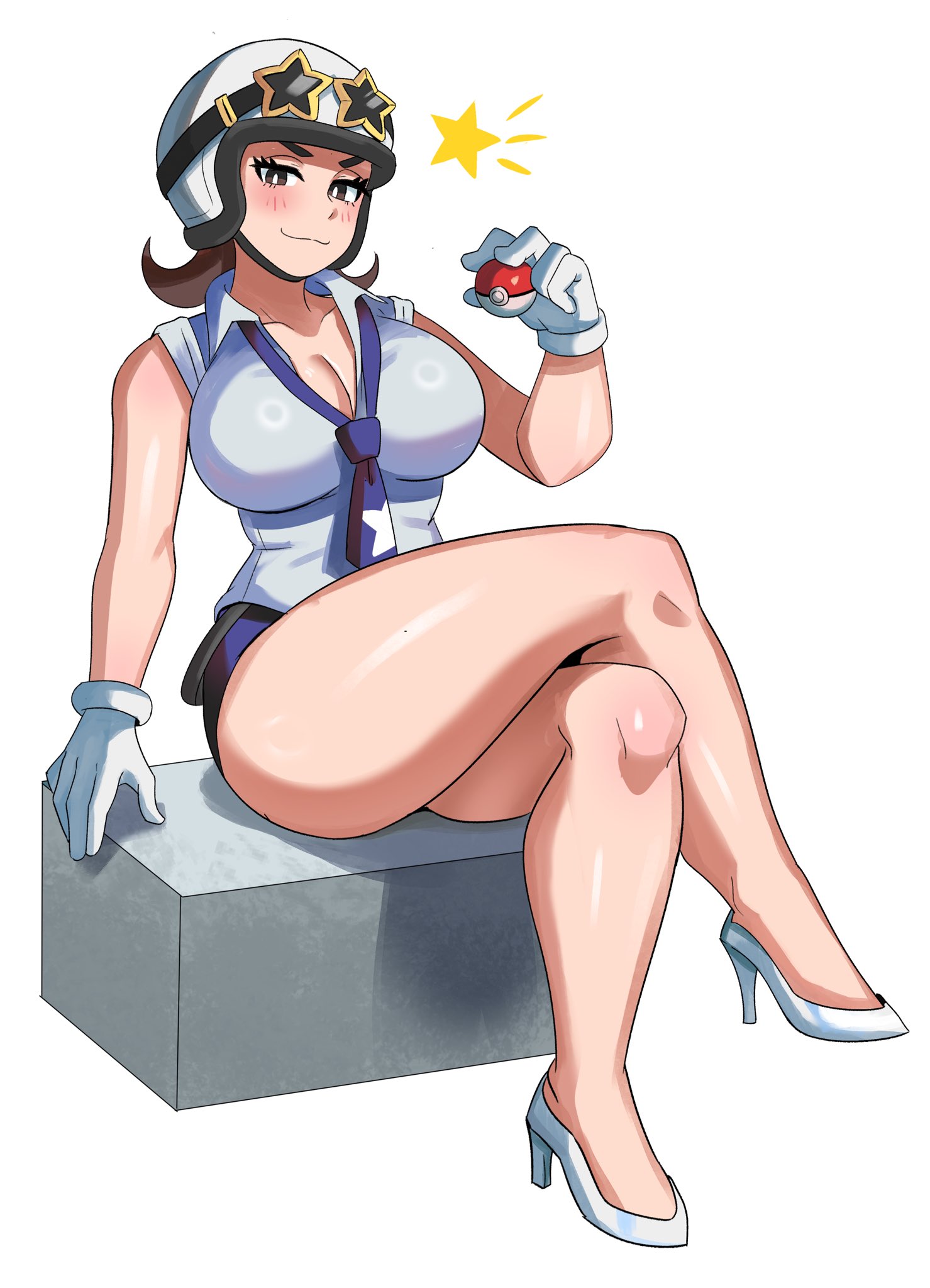 1girls, breasts, cleavage, crossed legs, female, female only, hi res, high heels, large breasts, looking at viewer, nintendo, pokemon, pokemon sv, sitting, solo, team star, team star grunt (female), thighs, white background, ytrall