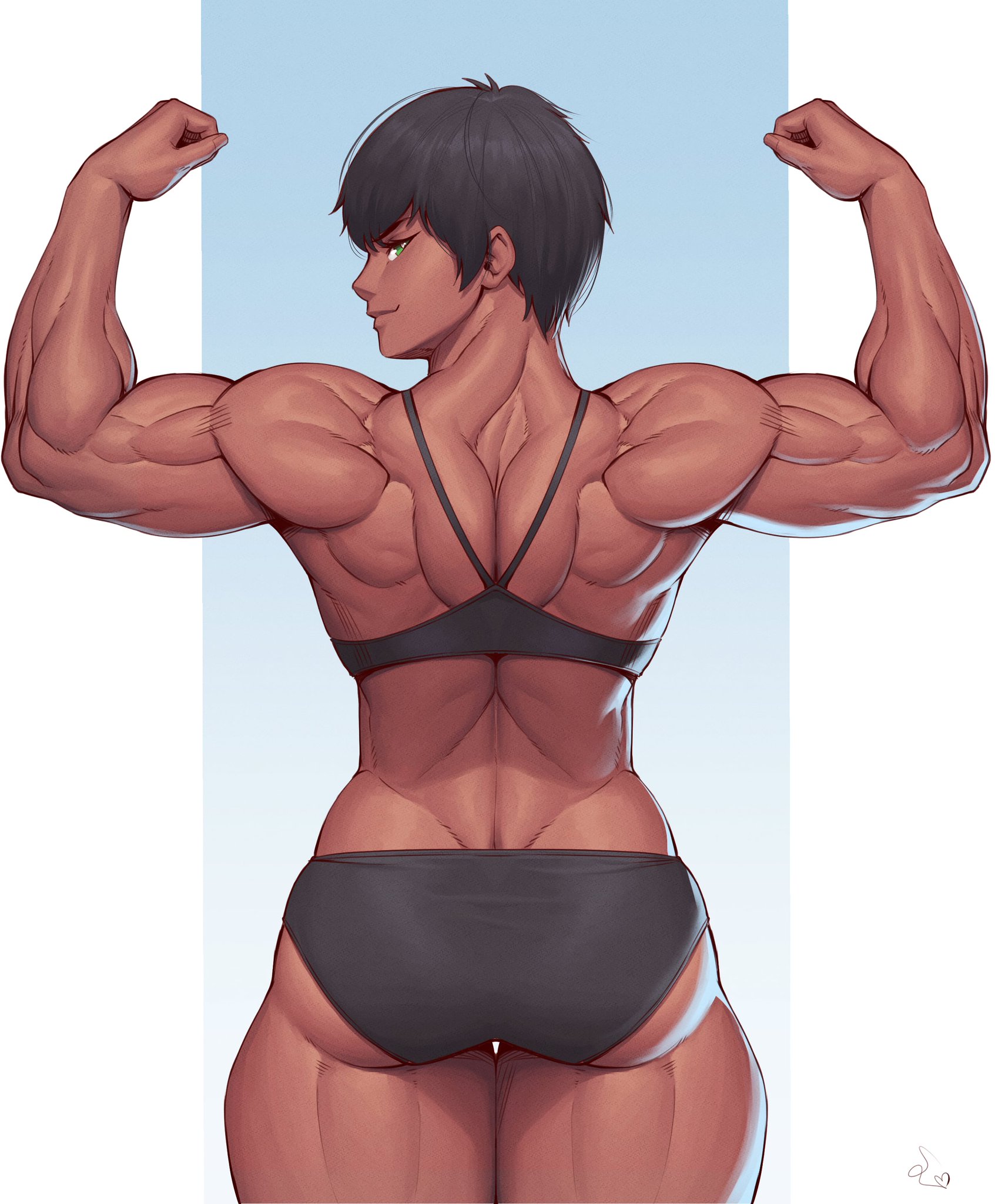 1girls, artist signature, ass, back, biceps, black bra, black hair, black panties, commission, dark skin, dark-skinned female, female, flexing, forearm muscles, gradient background, green eyes, hi res, looking at viewer, looking back, muscles, muscular, muscular arms, muscular back, muscular female, original, original character, pose, short hair, signature, simple background, solo, speedl00ver, thick thighs, triceps, underwear, underwear only