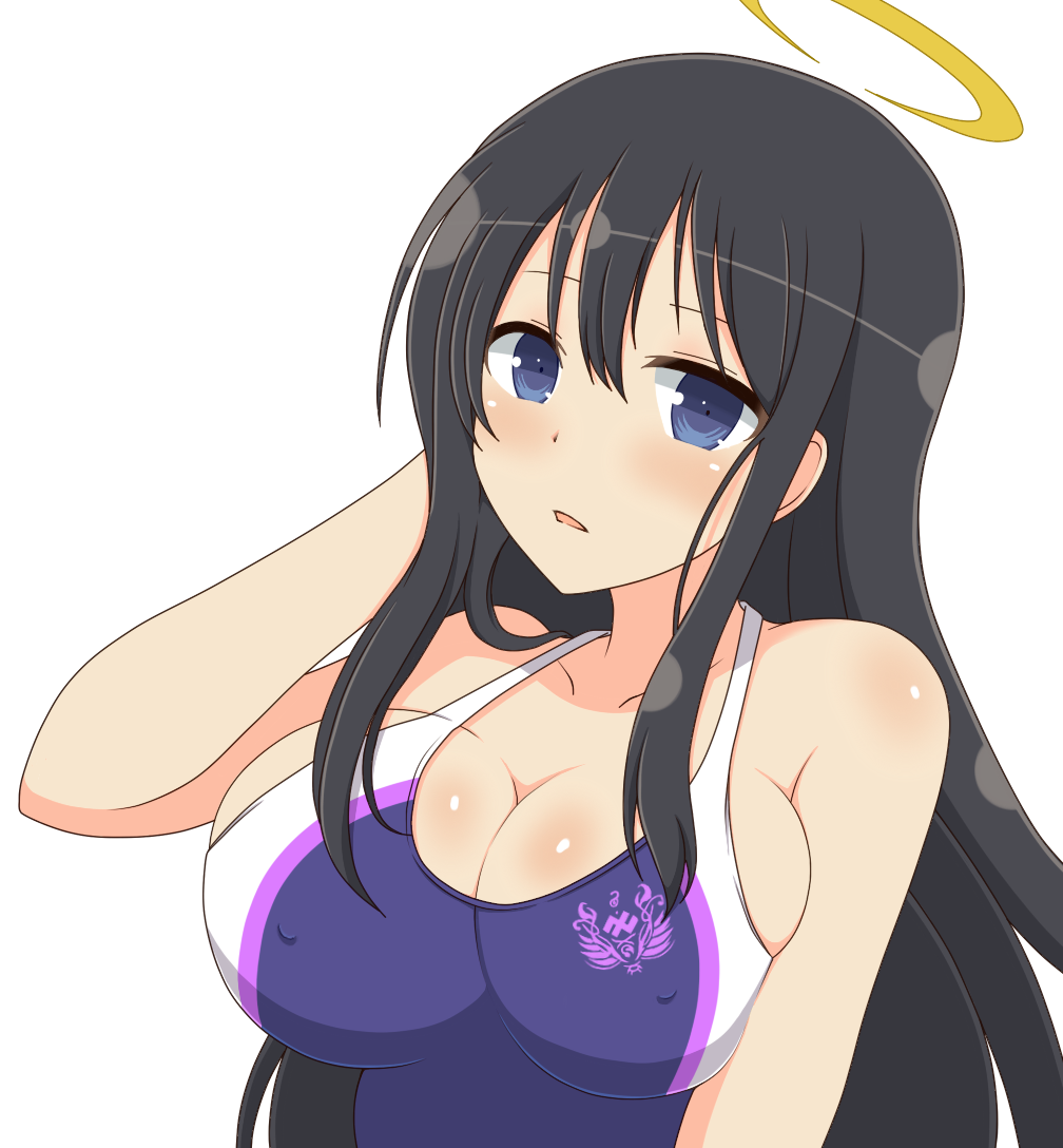 1girls black_hair blue_eyes cleavage collarbone female halo hand_behind_head ichiryuu_tsumiki large_breasts light-skinned_female light_skin looking_at_viewer open_mouth senran_kagura simple_background skindentation solo swimsuit very_long_hair white_background