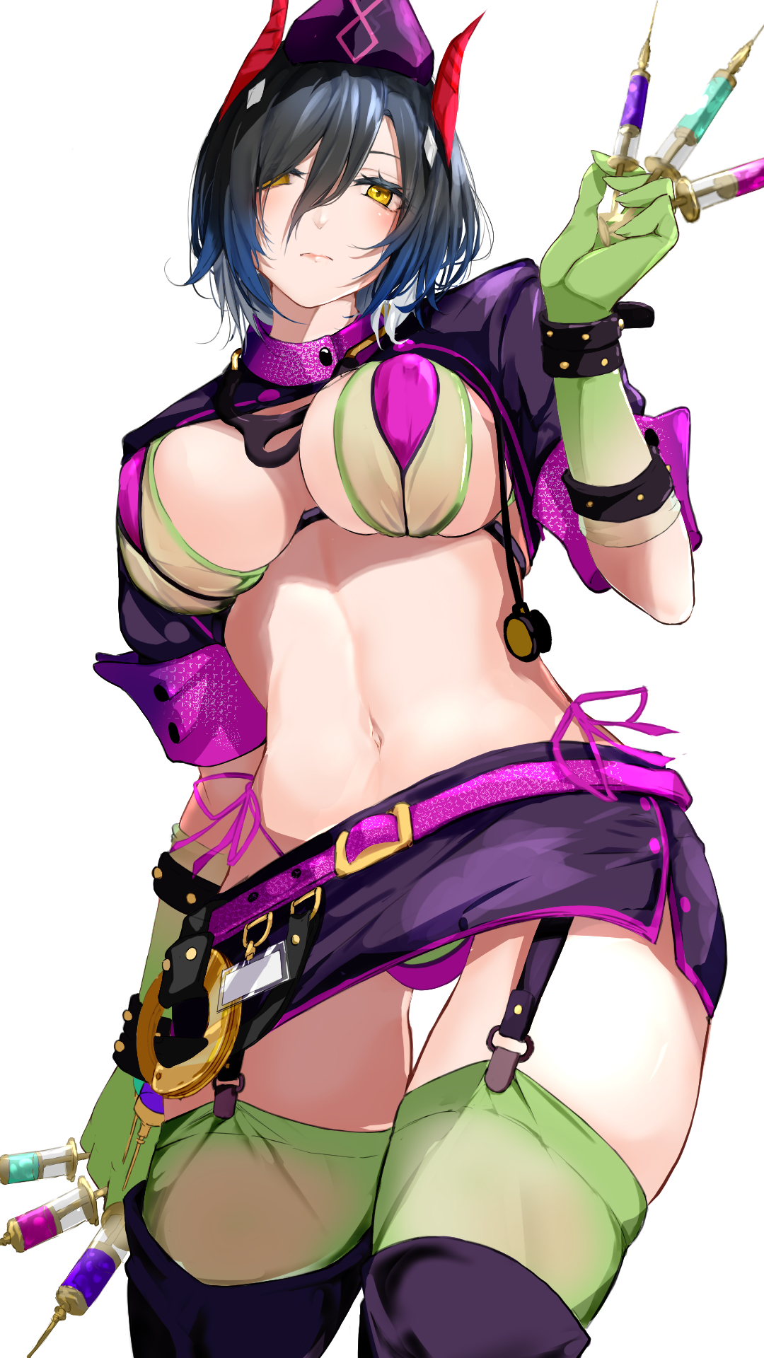 1girls, 9:16, azur lane, big breasts, black hair, blush, breasts, cosplay, fate (series), female, female only, florence nightingale (fate) (cosplay), florence nightingale (trick or treatment) (fate) (cosplay), large breasts, looking at viewer, raru (nanaharararu), revealing clothes, short hair, syringe, ulrich von hutten (azur lane), yellow eyes