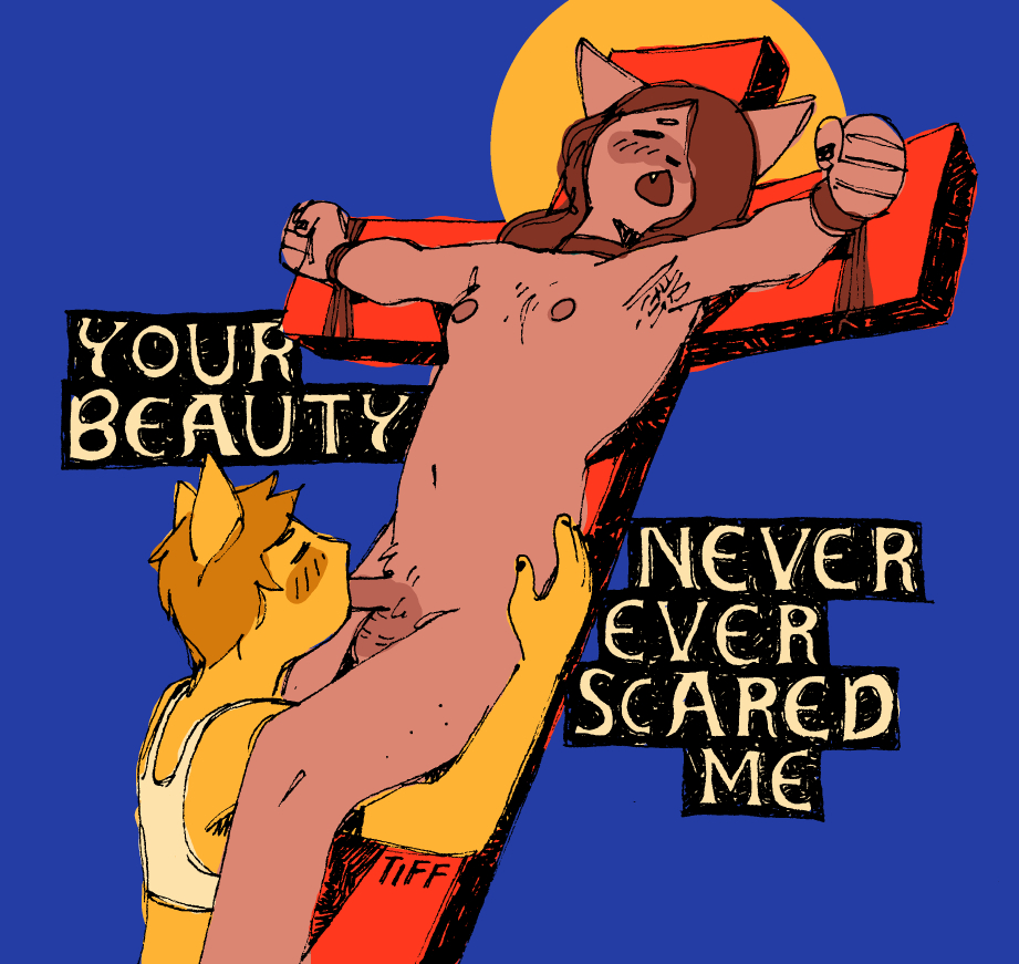 1girls ambiguous_gender anthro armpit_hair black_nails blonde_hair blowjob blue_background body_hair bondage bright_colors brown_fur brown_hair christianity cross crucifix crucifixion english_text fellatio furry gaydottiff ghost_(band) halo high_saturation long_hair male nipples oral original original_character penis short_hair small_breasts song_lyrics text wholesome worship yellow_fur