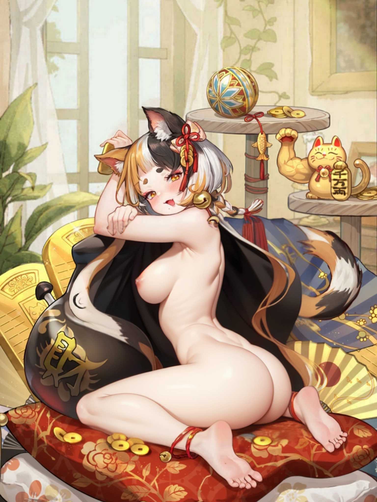 big_breasts breasts cat_ears cat_tail catgirl feet feet_out_front feline isekai_slow_life naked naked_female nipples yellow_eyes