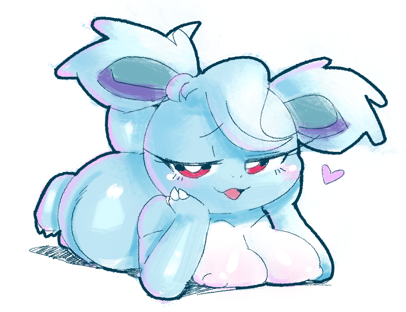 anthro breasts cute exed_eyes hand_on_head heart looking_at_viewer lying_on_breasts nidorina nini_(nidorina) nipples pokemon pokemon_(species) thighs