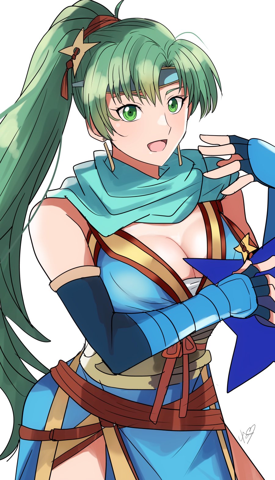 1girls alternate_costume breasts cleavage female female_only fire_emblem fire_emblem:_the_blazing_blade fire_emblem_heroes green_eyes green_hair headband headgear large_breasts lyn_(fire_emblem) ninja nintendo official_alternate_costume rem_(eyes_410) shuriken solo