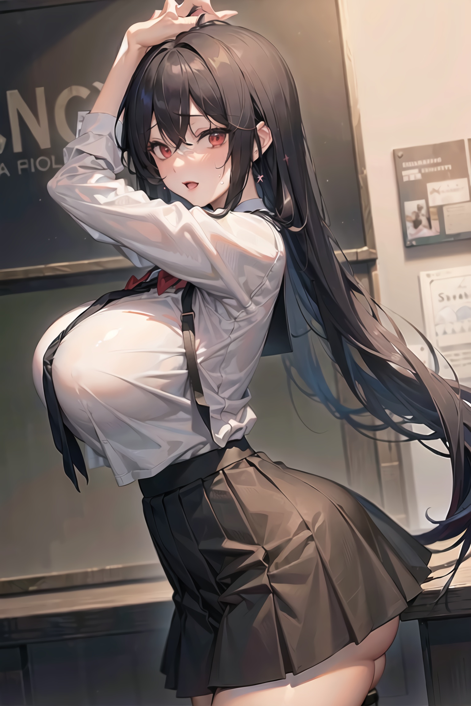 1girls, ai generated, alternate breast size, black hair, breasts, curvaceous, curvy, curvy body, curvy female, curvy figure, female, hi res, highres, long hair, milf, original character, red eyes, school uniform, schoolgirl, seductive look, sideboob, stable diffusion