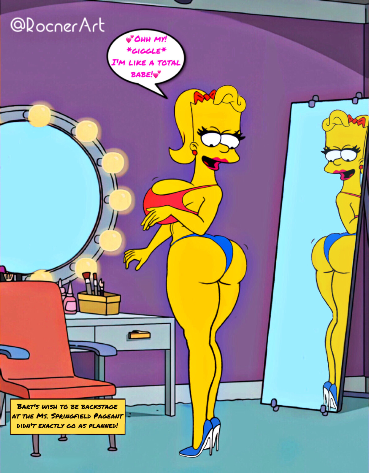 20th century fox, accurate art style, after transformation, ass, bart simpson, big ass, big breasts, bikini, bimbofication, breasts, curvaceous, curvy figure, edit, female, female bart, high heels, model, mtf transformation, post-transformation, reflection, rocner, rule 63, the simpsons, transformation, voluptuous, yellow body, yellow skin