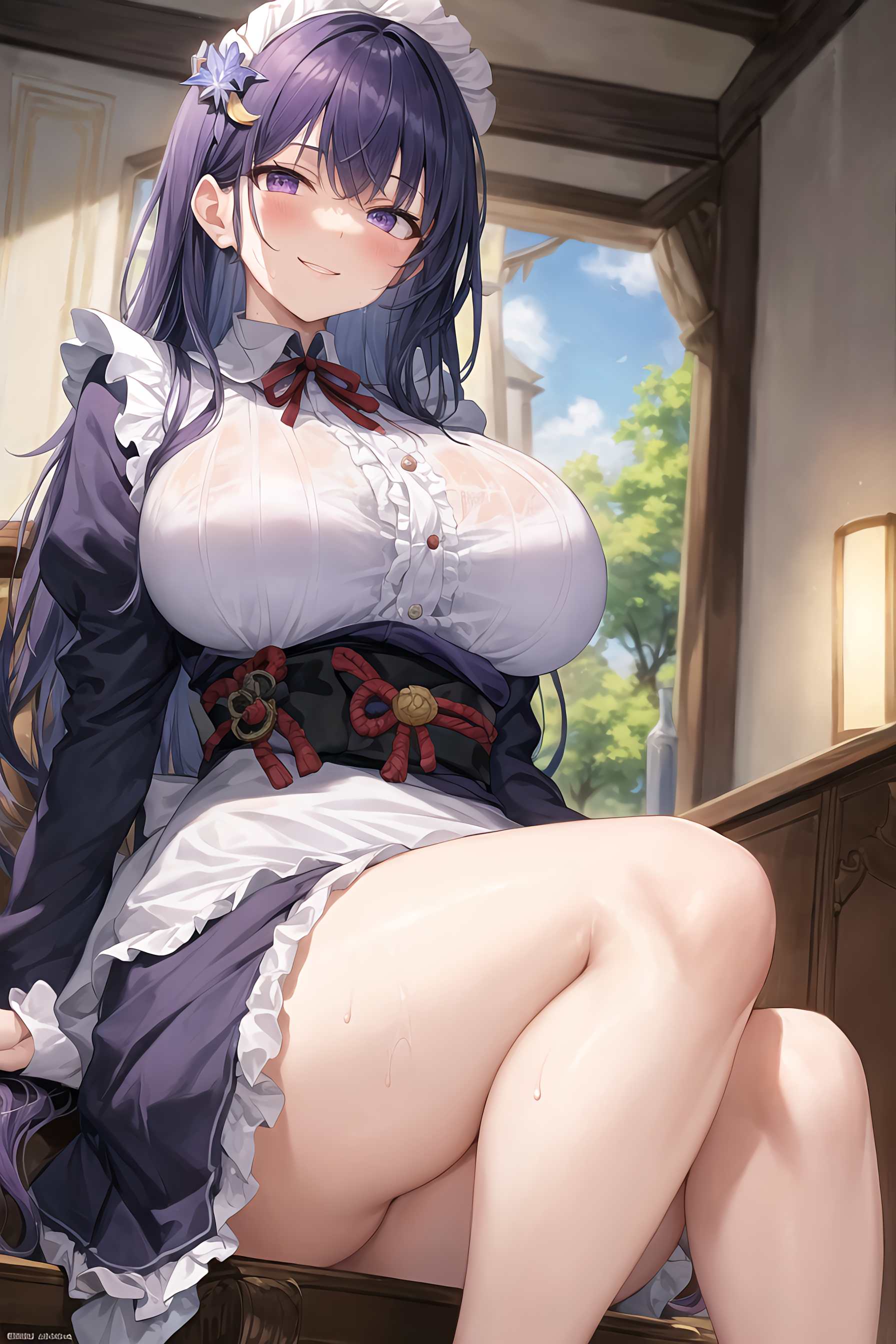1girls, ai generated, blush, breasts, female, genshin impact, high resolution, hips, huge breasts, large breasts, light skin, light-skinned female, long hair, maid, maid headdress, maid outfit, naughty face, purple eyes, purple hair, raiden shogun, smile, stable diffusion, thick thighs, thighs, very long hair, wide hips