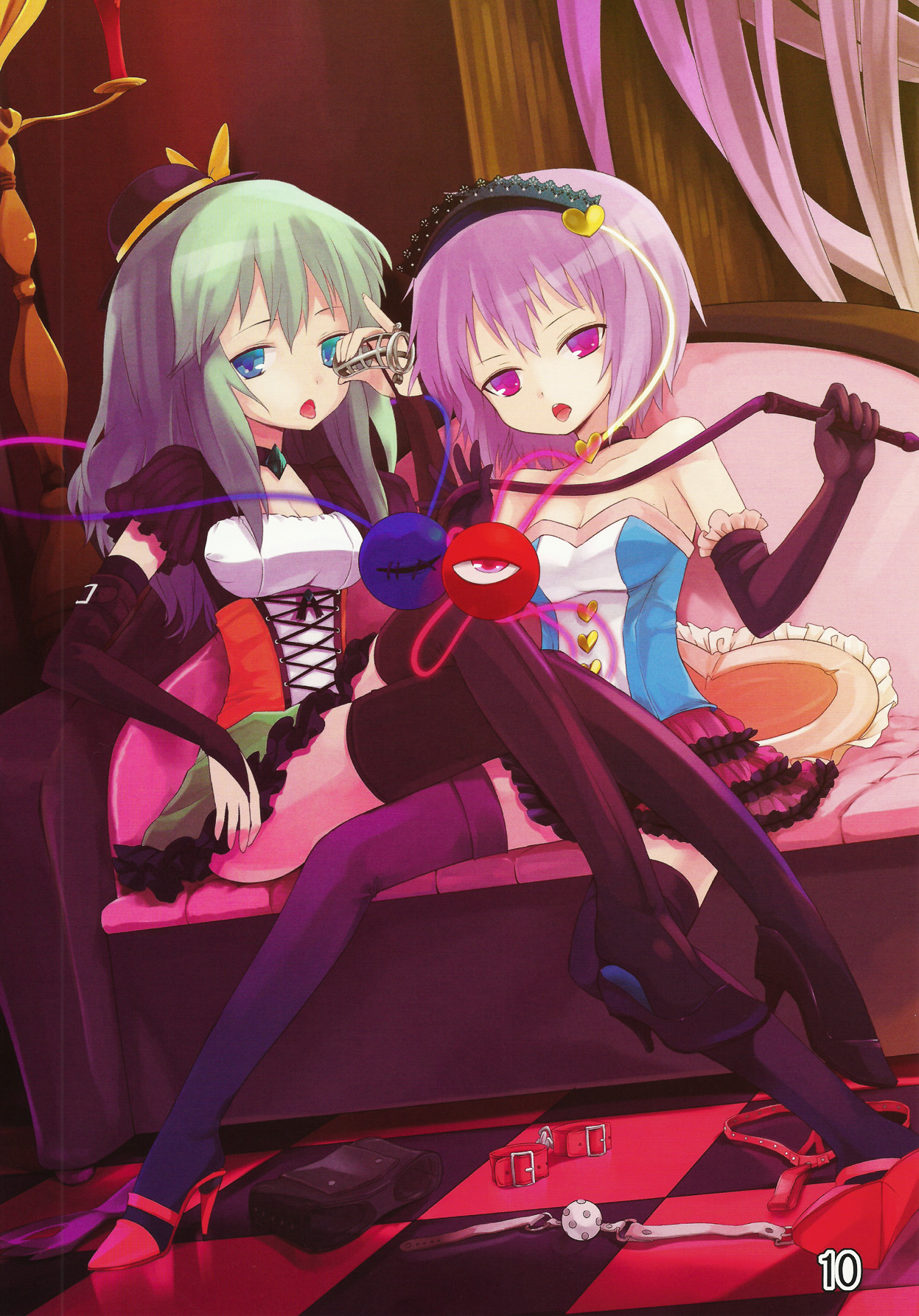 2girls, ball gag, blue eyes, bondage, breasts, bridal gauntlets, chastity, chastity cage, chastity device, checkered floor, choker, corset, couch, cuffs, dominant female, dominatrix, elbow gloves, female, female domination, femdom, gag, gagged, gloves, green hair, hairband, hat, high heels, holding chastity cage, holding whip, koishi komeiji, long hair, looking at viewer, male, malesub, mini hat, numako, pillow, pink eyes, pink hair, satori komeiji, short hair, sitting on couch, skirt, small breasts, thighhighs, touhou, whip