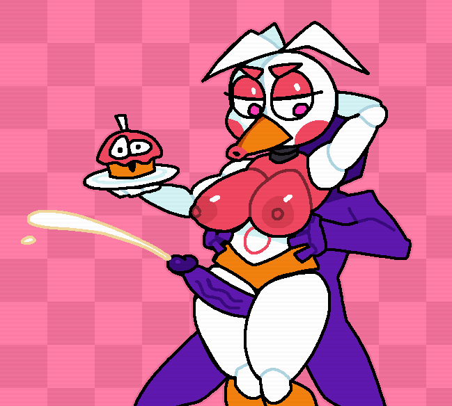 animatronic anthro areola avian beak beakstick big_breasts bird breasts checkered_background chicken clothing crushtrap cum cumshot cupcake_(fnaf) duo ejaculation eyelashes eyeshadow female five_nights_at_freddy's freddy_fazbear's_pizzeria_simulator funtime_chica_(fnaf) furgonomics furry galliform gallus_(genus) genitals hand_behind_head head_feathers head_tuft human lipstick machine makeup male male/female mammal nipples orange_clothing orange_panties orange_underwear panties pattern_background penis phasianid pink_areola pink_background pink_eyes pink_eyeshadow pink_lipstick pink_nipples purple_body purple_guy_(fnaf) robot rosy_cheeks scottgames sex simple_background thick_thighs thigh_sex tuft underwear wide_hips